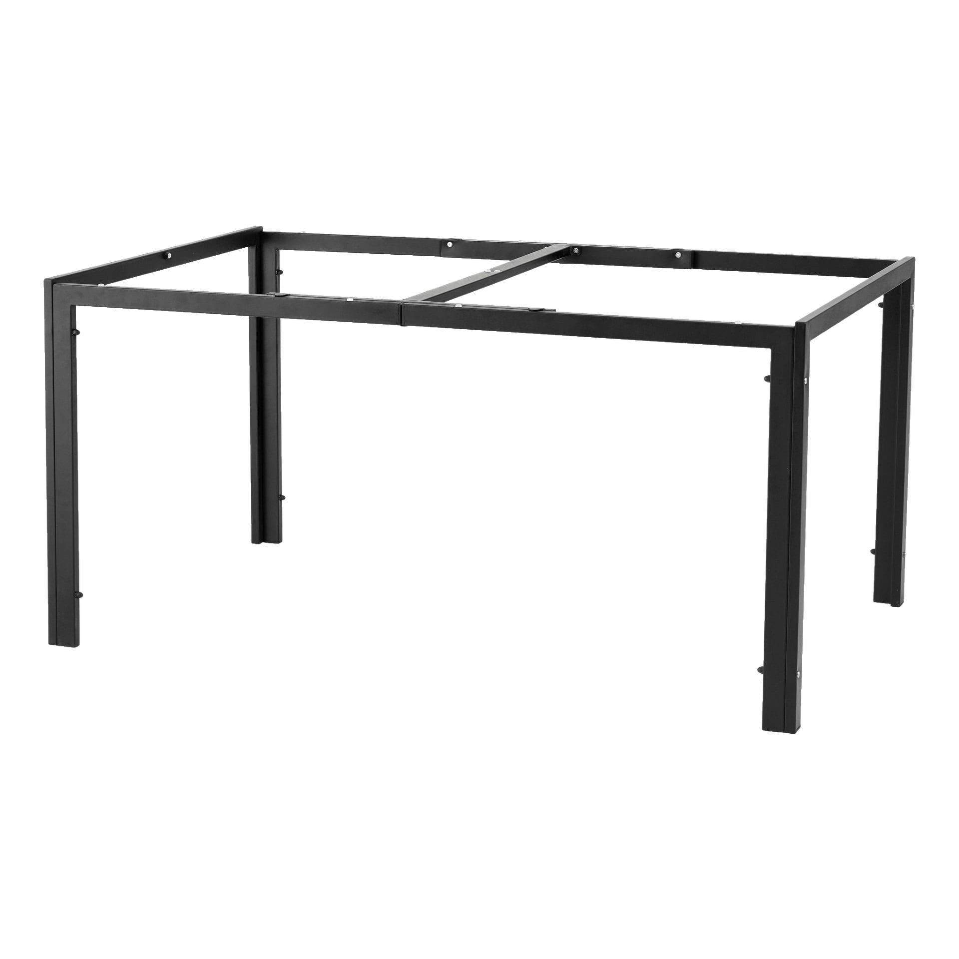 EKVAP-bordet består av en svart metallrektangulär ram med fyra stadiga ben och stödjande tvärbalkar, som bildar en bas liknande ett bord eller en arbetsbänk.
