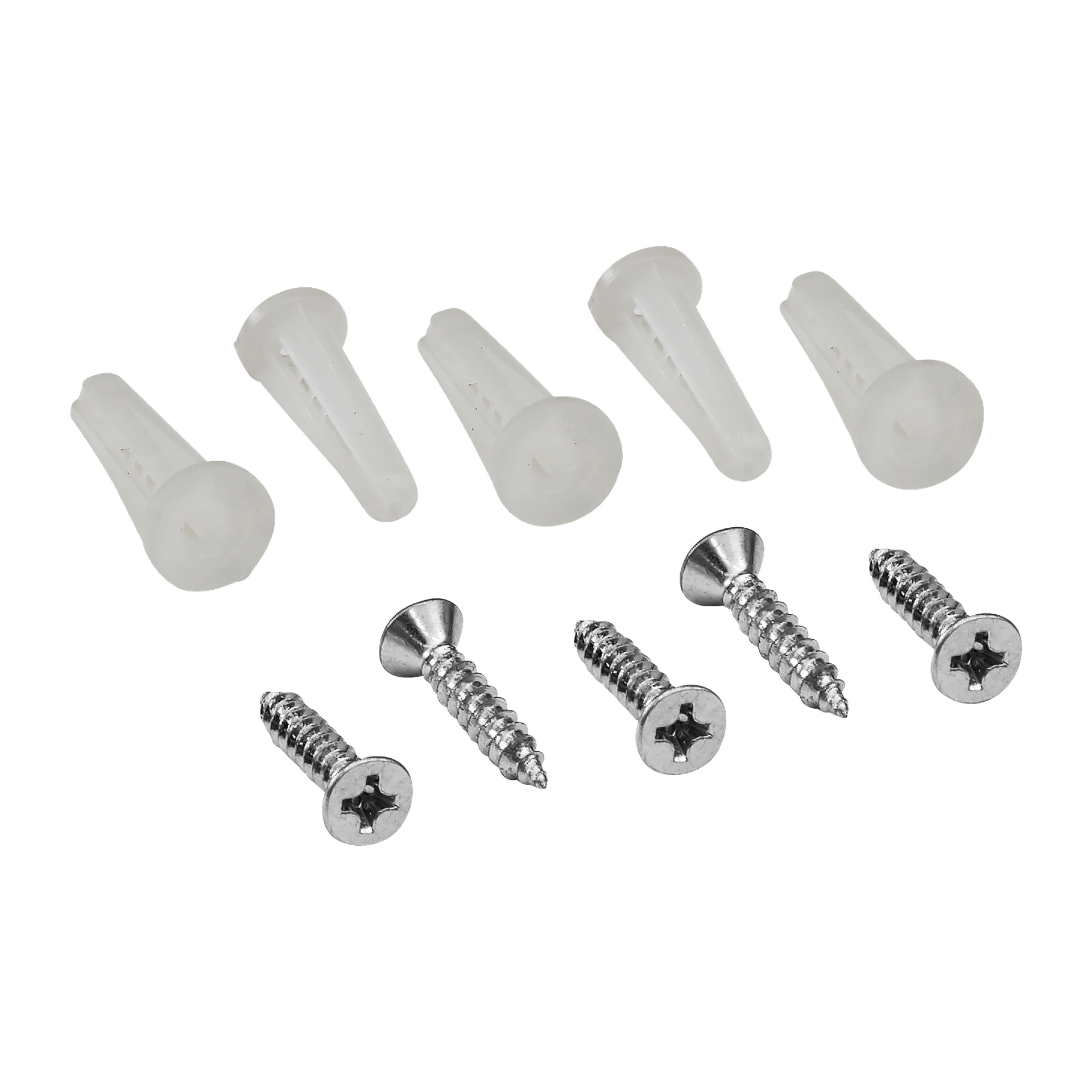 Fyra Hard Head Mirror Holder-fästare och fyra silverfärgade Phillips-skruvar från en fyrpack är prydligt uppradade, med de vita plastfästena placerade direkt ovanför skruvarna i parallella rader.