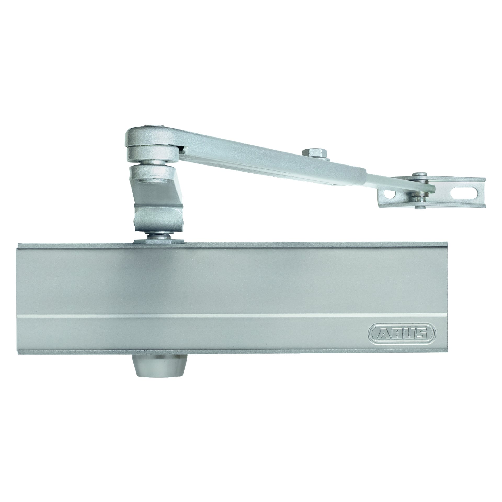 ABUS Dörrstängare AC7224 är en silverfärgad metallanordning med justerbar arm, avsedd för installation på plana ytor. Den har en rektangulär form med synliga bultar och monteringsfästen, och ABUS-logotypen är präglad i nedre högra hörnet.
