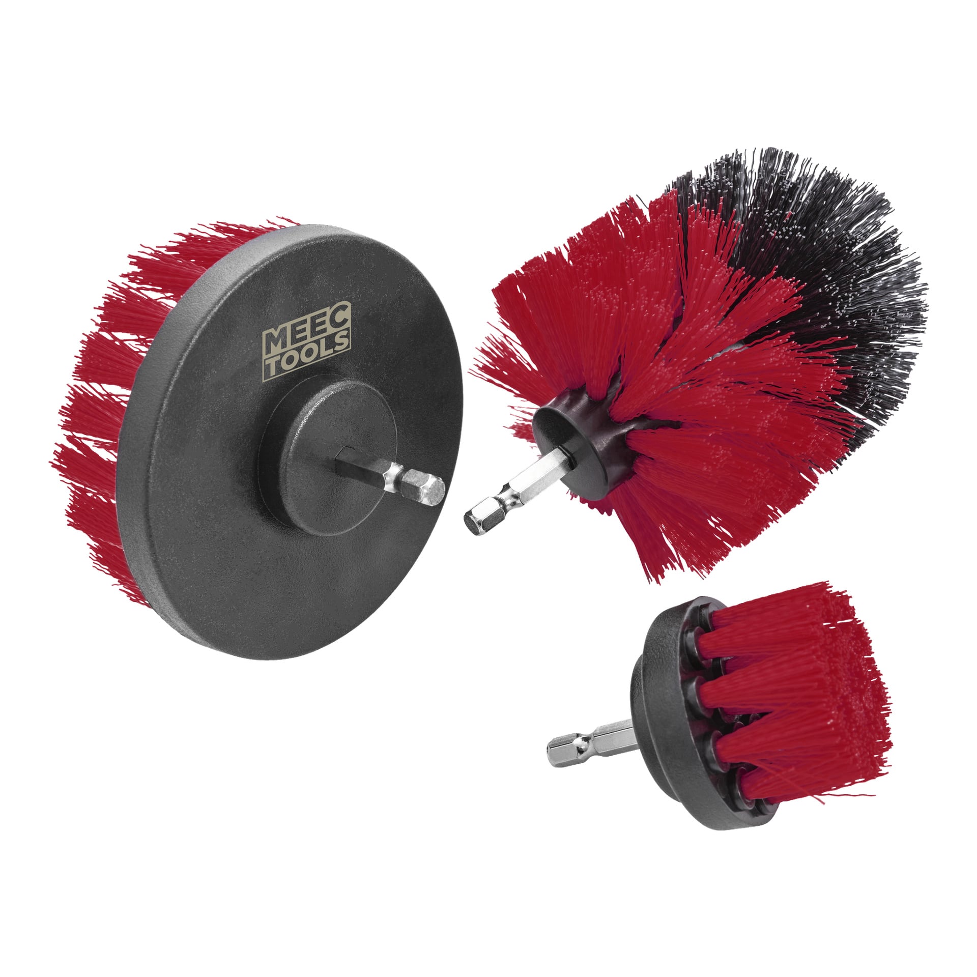 Tre Meec Tools borsttillbehör för skruvmejslar visas, var och en med fasta röda och svarta borst och en metallskaft kompatibel med borrmaskin. En pensel har Meec Tools-logotypen synlig, och alla tre borstarna presenteras ur olika perspektiv.