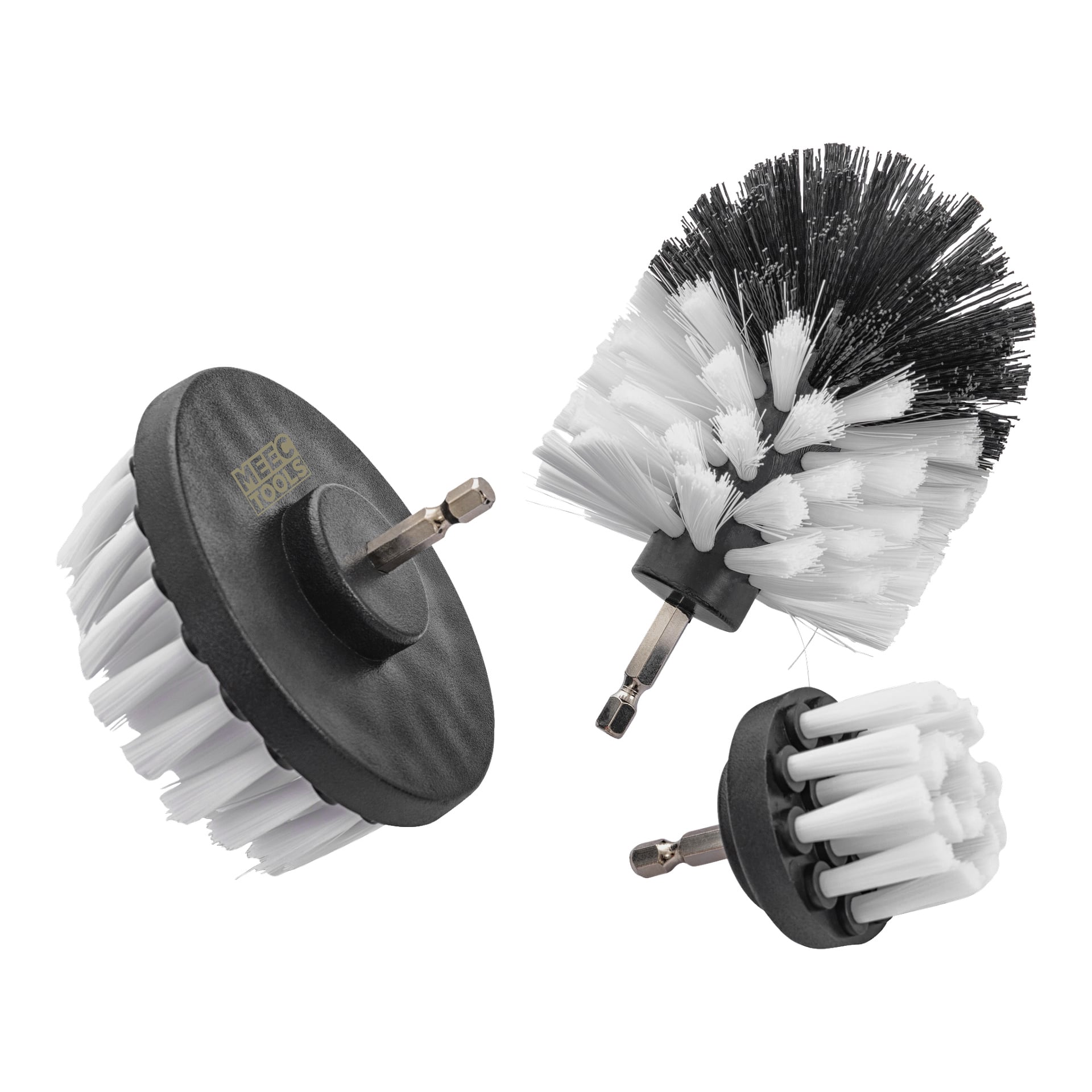 Tre Meec Tools borsttillbehör i svartvitt från "Brush set for screwdriver 3pieces", var och en med en plastbas och sexkant. Borstarna har olika former och borstmönster, anpassade för olika rengöringsbehov.