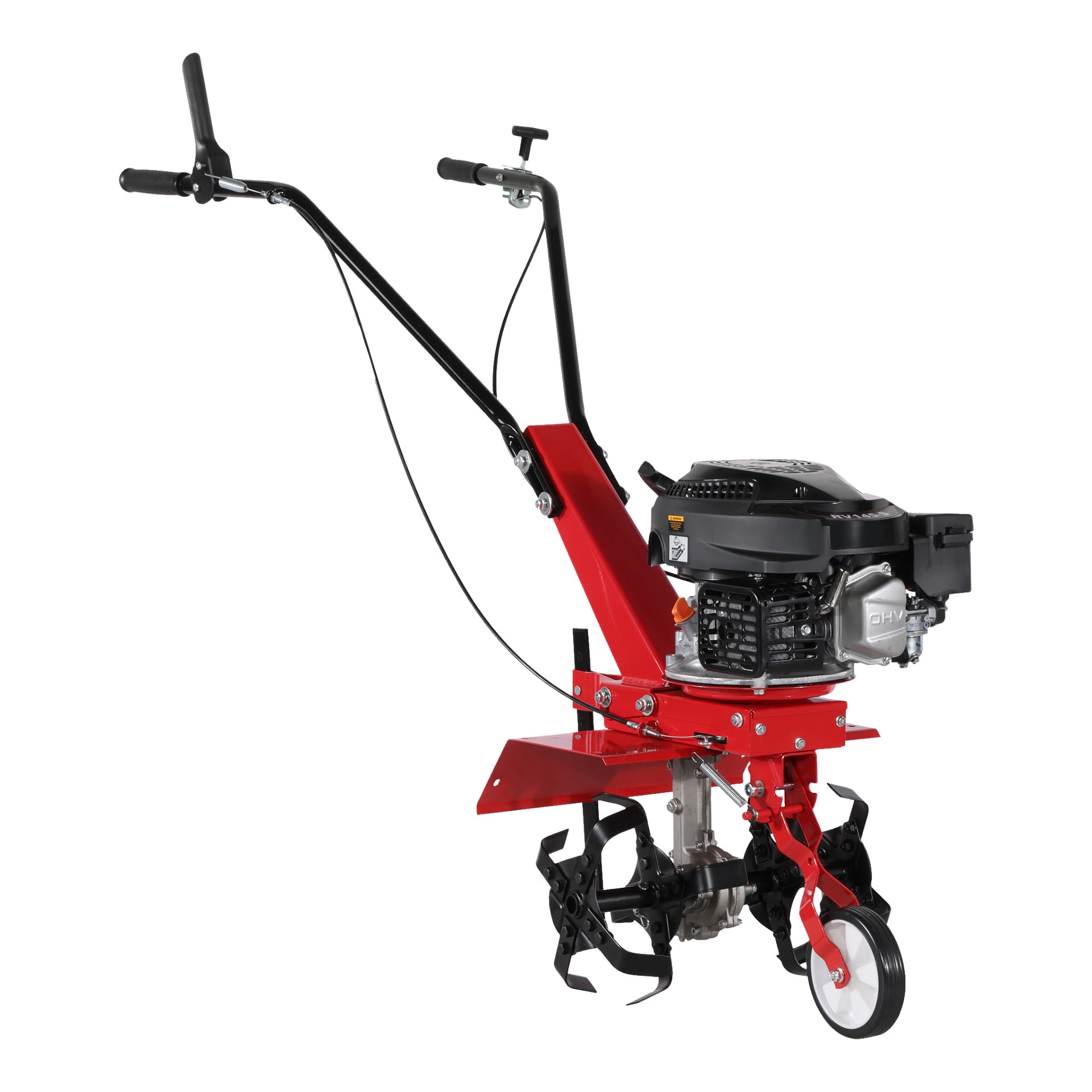 En röd och svart Meec Tools-rotavator, driven av gas, med dubbla handtag, en kontrollspak, ett framhjul och exponerade metallpinnar designade för effektiv jordbearbetning.