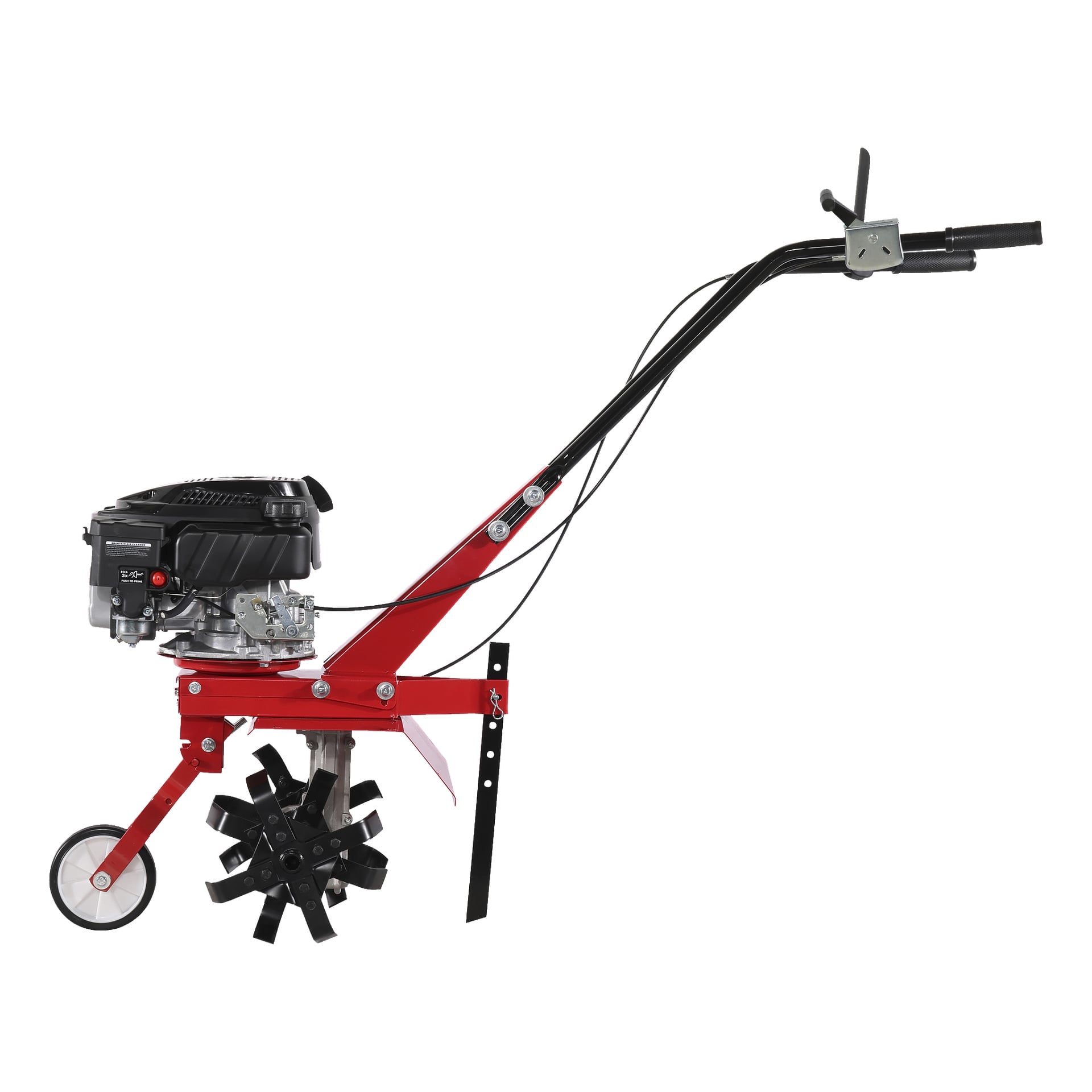 Meec Tools Rotavator som visas från sidan är en röd och svart bensindriven trädgårdsfräsare med två styr, ett litet hjul fram, en exponerad motor och metallpinnar under för att vända jord.