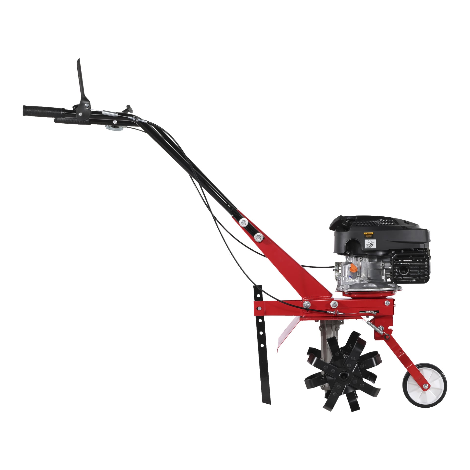 En Meec Tools Rotavator med bensinmotor, röd och svart färgschema, styren och taggiga roterande tänder ses från sidan.