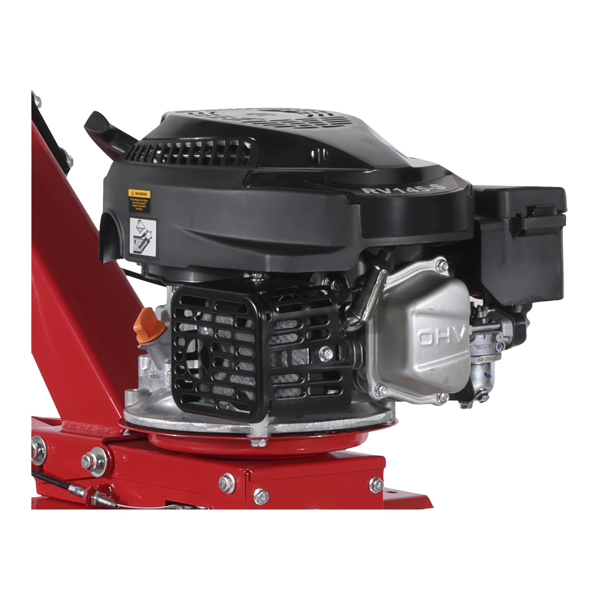 En detaljerad närbild av en svart och silverfärgad RV145-S OHV-bensinmotor monterad på en Meec Tools Rotavator, med fokus på funktioner som luftfilter, avgasrör och synlig varningsetikett.