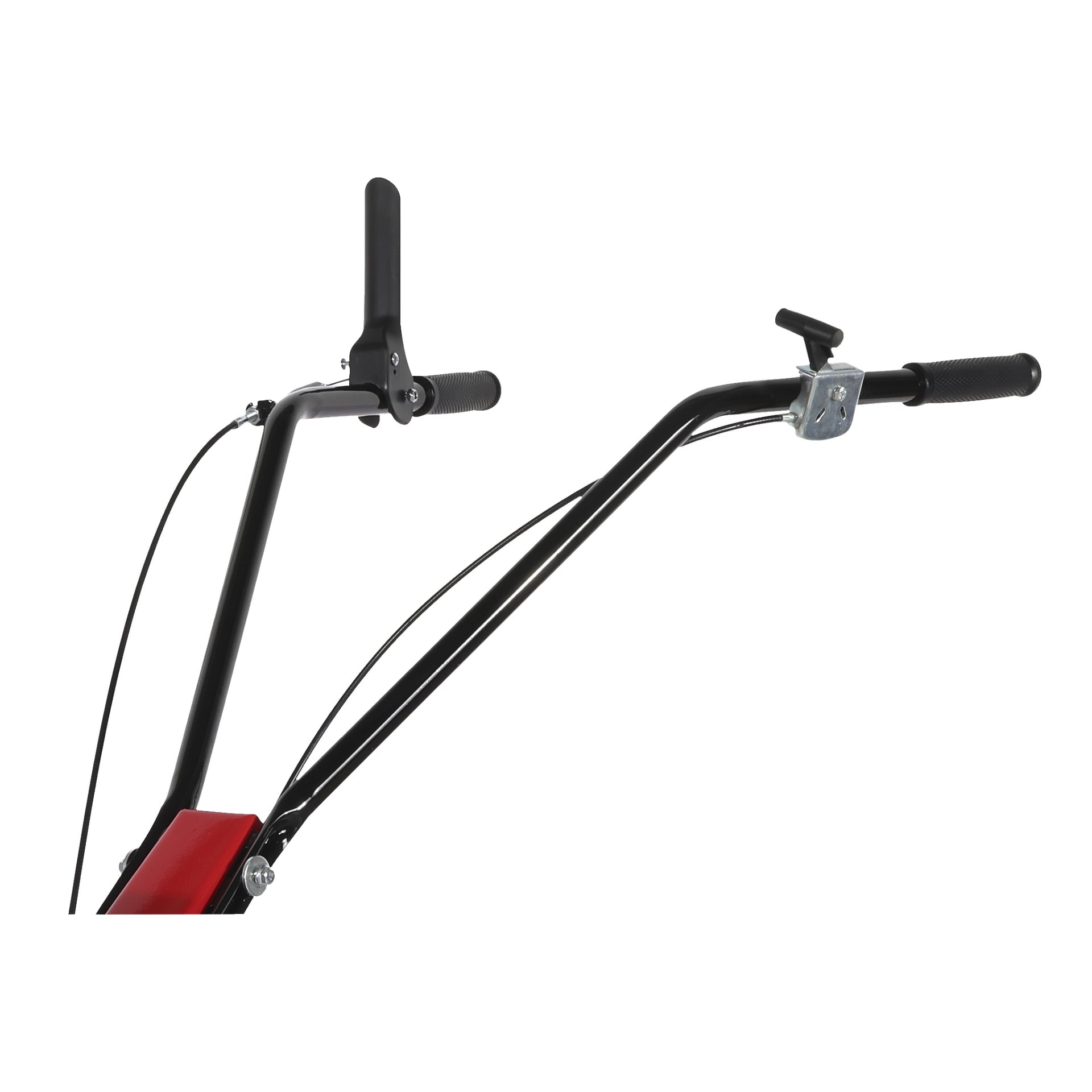 Närbild på styren i svart metall på en röd Meec Tools Rotavator, med en styrspak och en ansluten kabel.