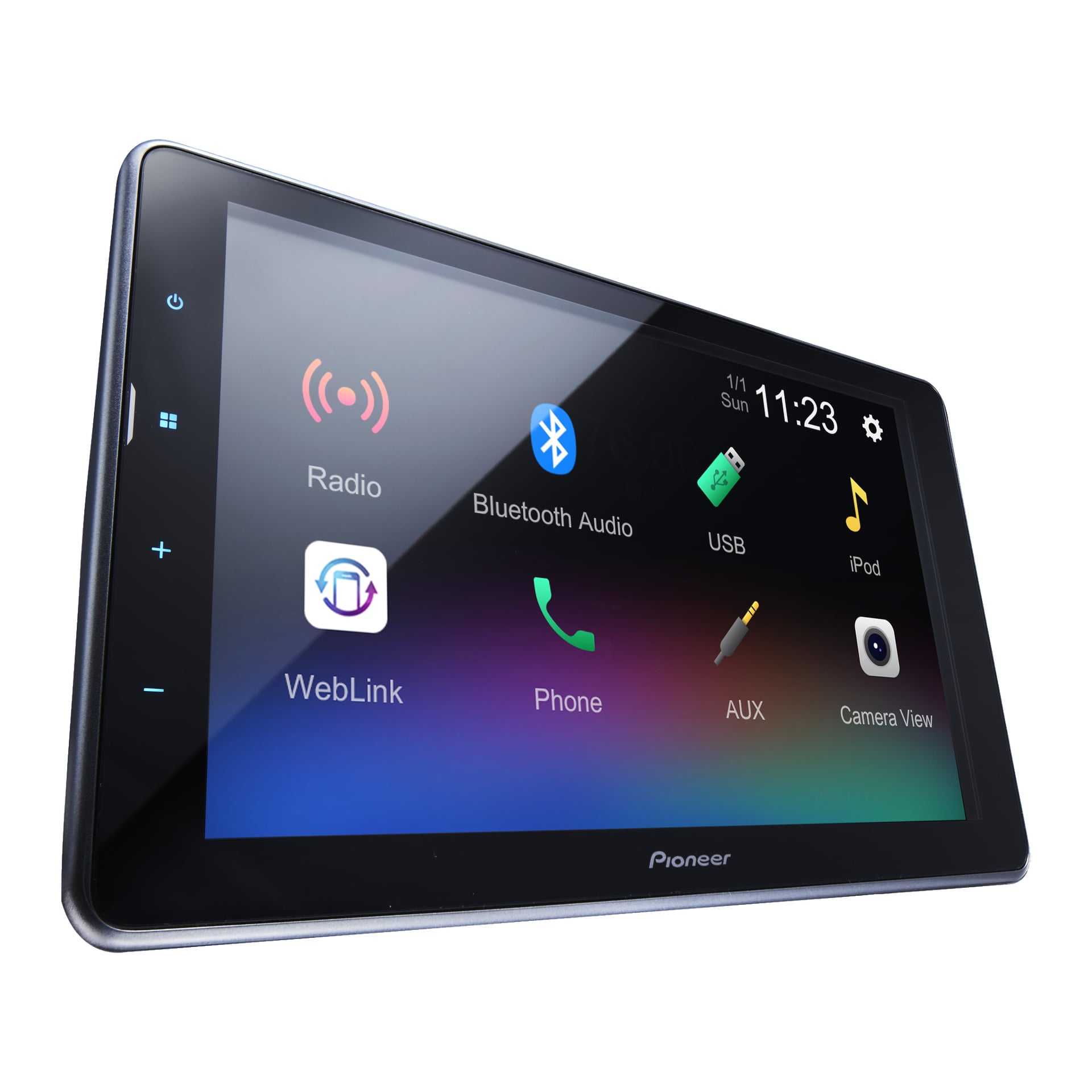 Pioneer DMH-AF555BT bilstereo visas i närbild, där pekskärmen lyfts fram med ikoner för radio, Bluetooth-ljud, USB, iPod, WebLink, telefon, AUX-ingång och kamera. Skärmen visar tiden som 11:23 och datumet som söndag den 1 januari.