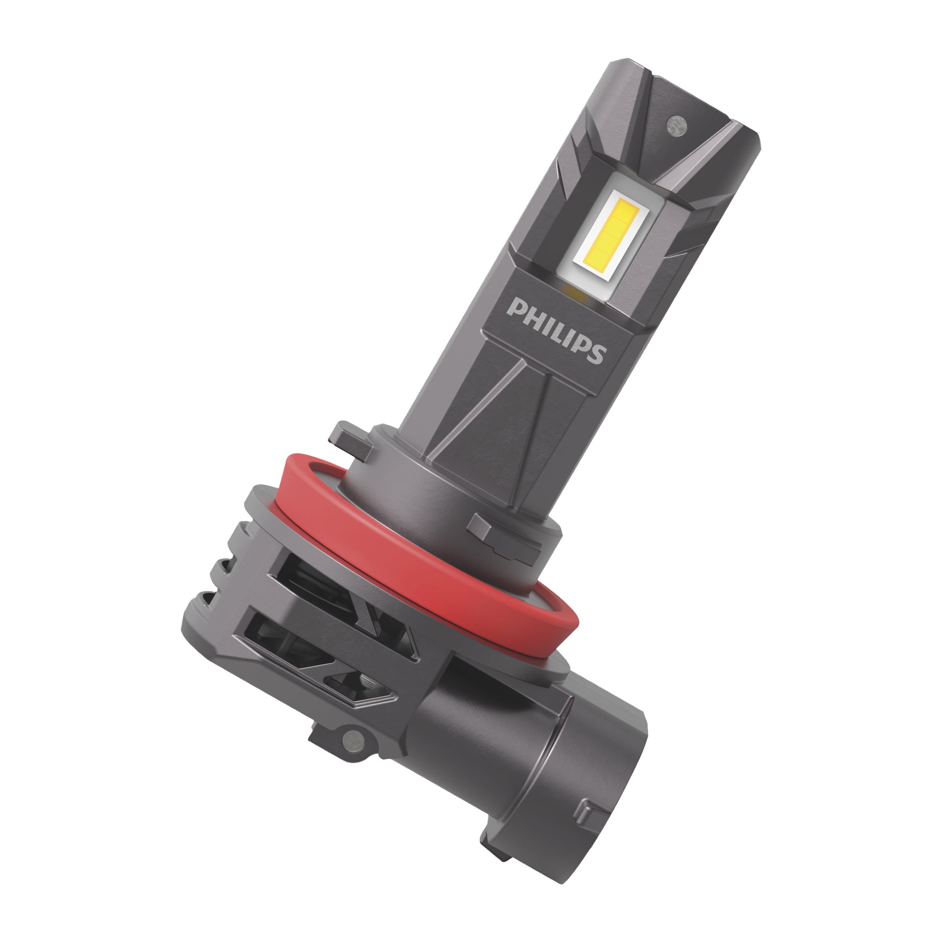 Närbild av en Philips Car-strålkastarlampa LED FOG Ultinon Access 2500 från en tvåpack, som framhäver dess slanka svarta plasthölje, röda gummitätning och det distinkta gula LED-chippet upptill.