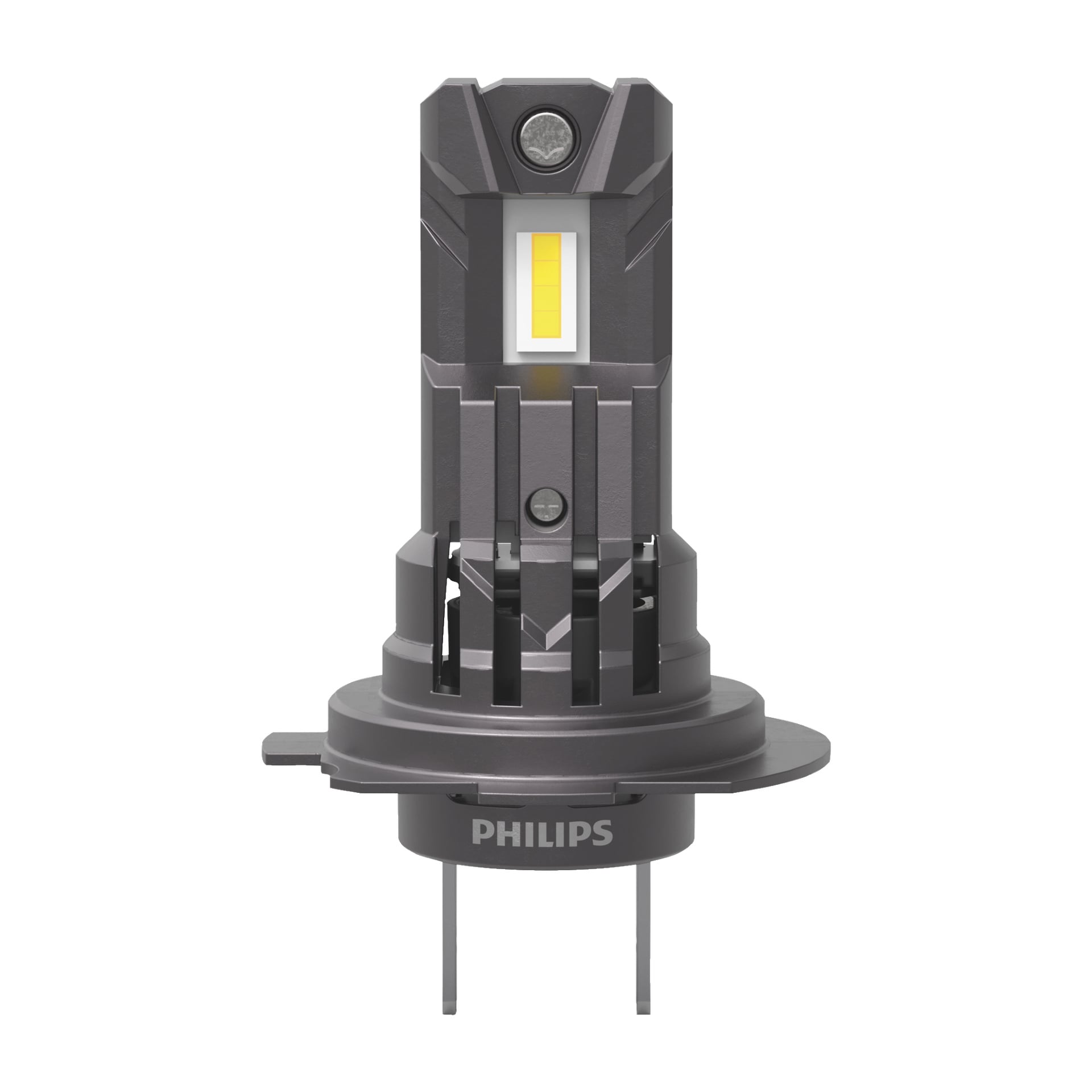 Detaljerad närbild av Philips Cars strålkastarlampa LED Ultinon Access 2500, med sitt slanka metallhölje, en centralt placerad gul LED-chip och två metallstift vid basen för elektrisk anslutning.