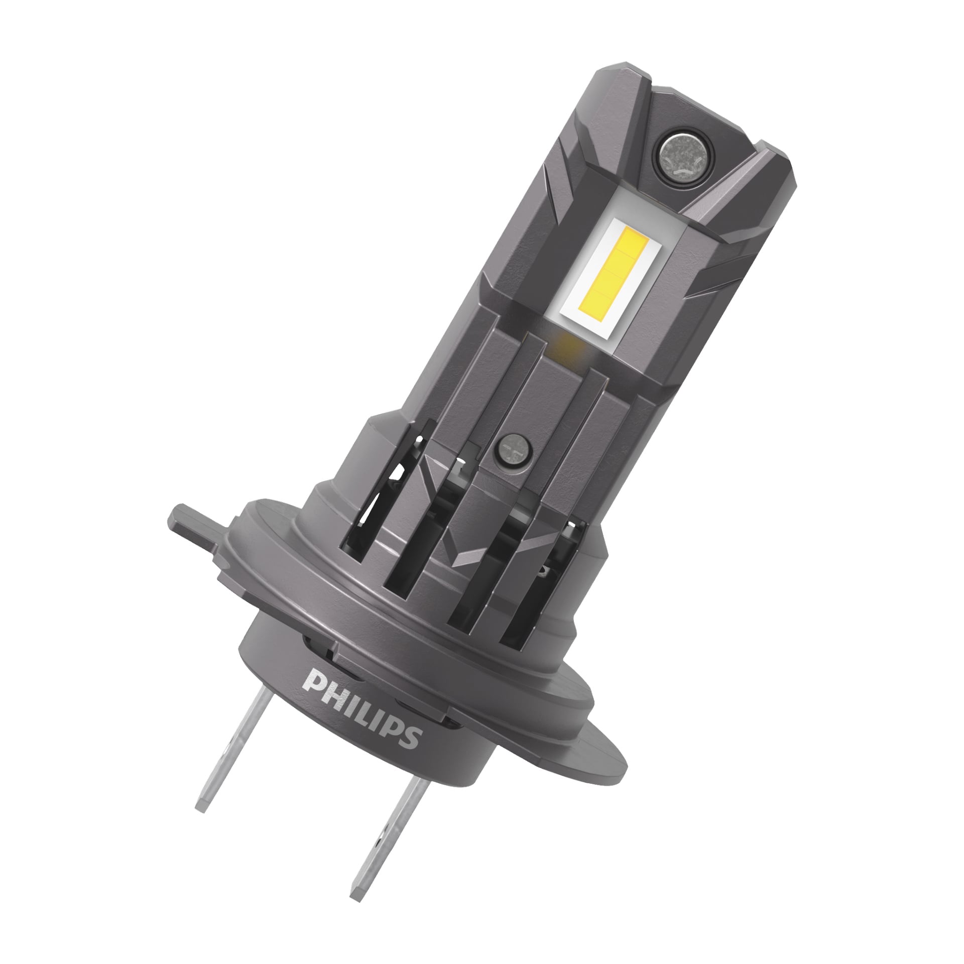Philips bilstrålkastarlampa LED Ultinon Access 2500 har en metallisk exteriör, två kopplingsstift vid basen och en rektangulär gul LED-chip placerad nära spetsen; Kommer i ett paket om två.