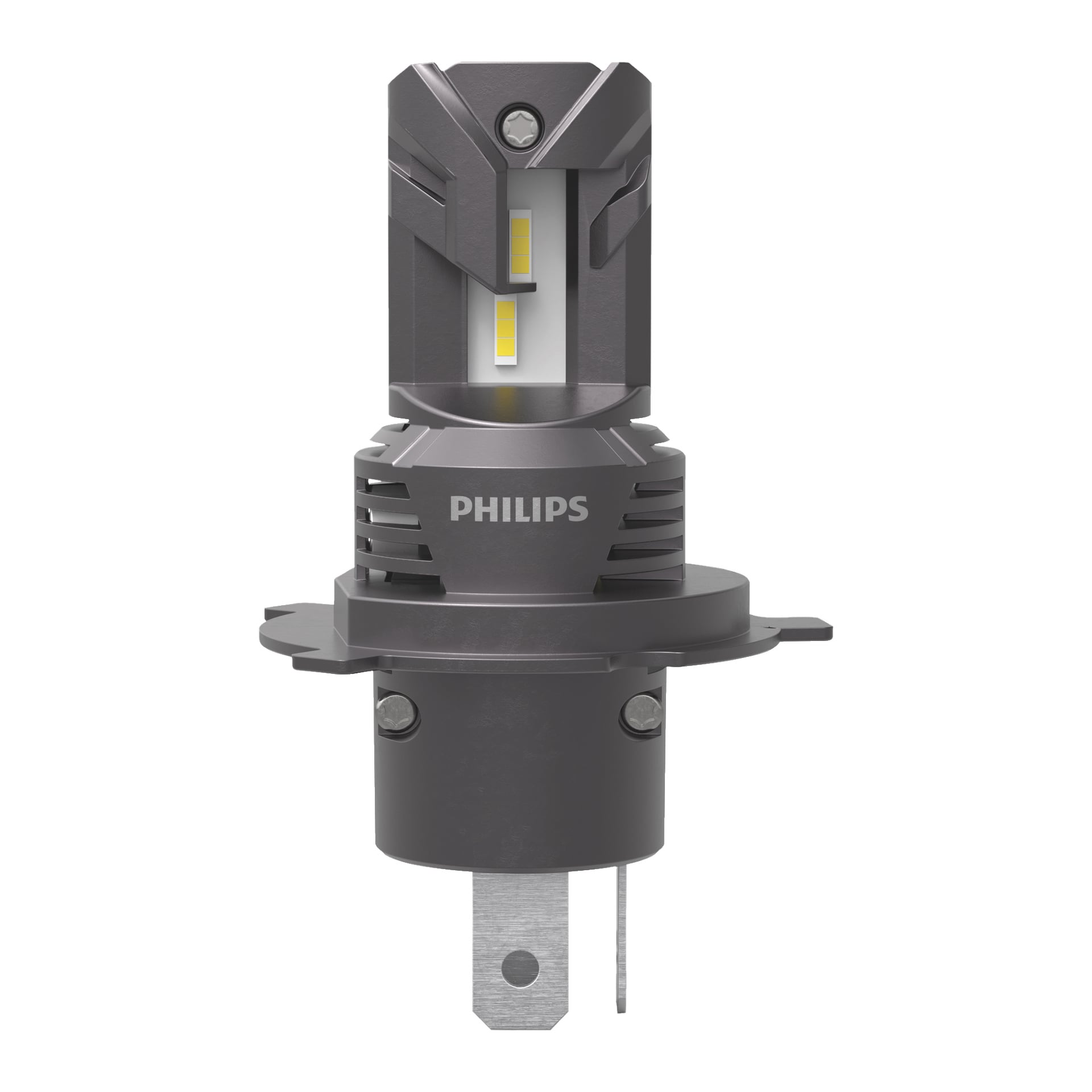 Detaljerad vy av en Philips-bilstrålkastarlampa LED H4 Ultinon Access 2500 med metalliskt grå kaross, framträdande kylfläns och två gula LED-chip synliga framtill.