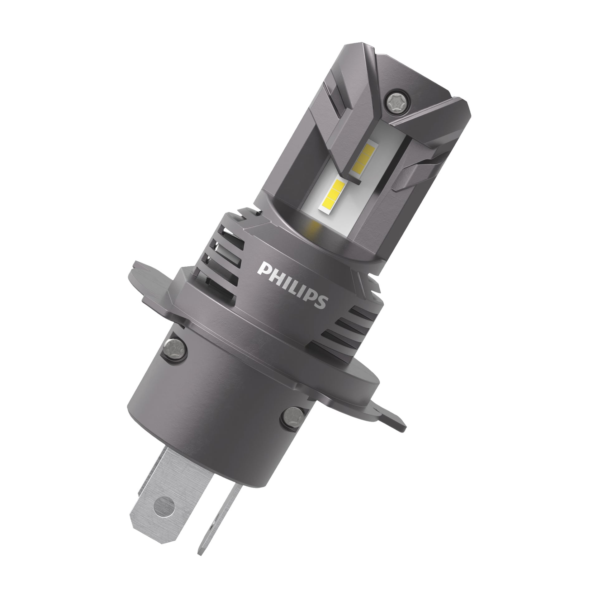 En detaljerad närbild av Philips LED H4 Ultinon Access 2500 bilstrålkastarlampan, som framhäver dess metallgrå kylfläns, exponerade LED-chip och en metallbas med två kontaktpinnar.