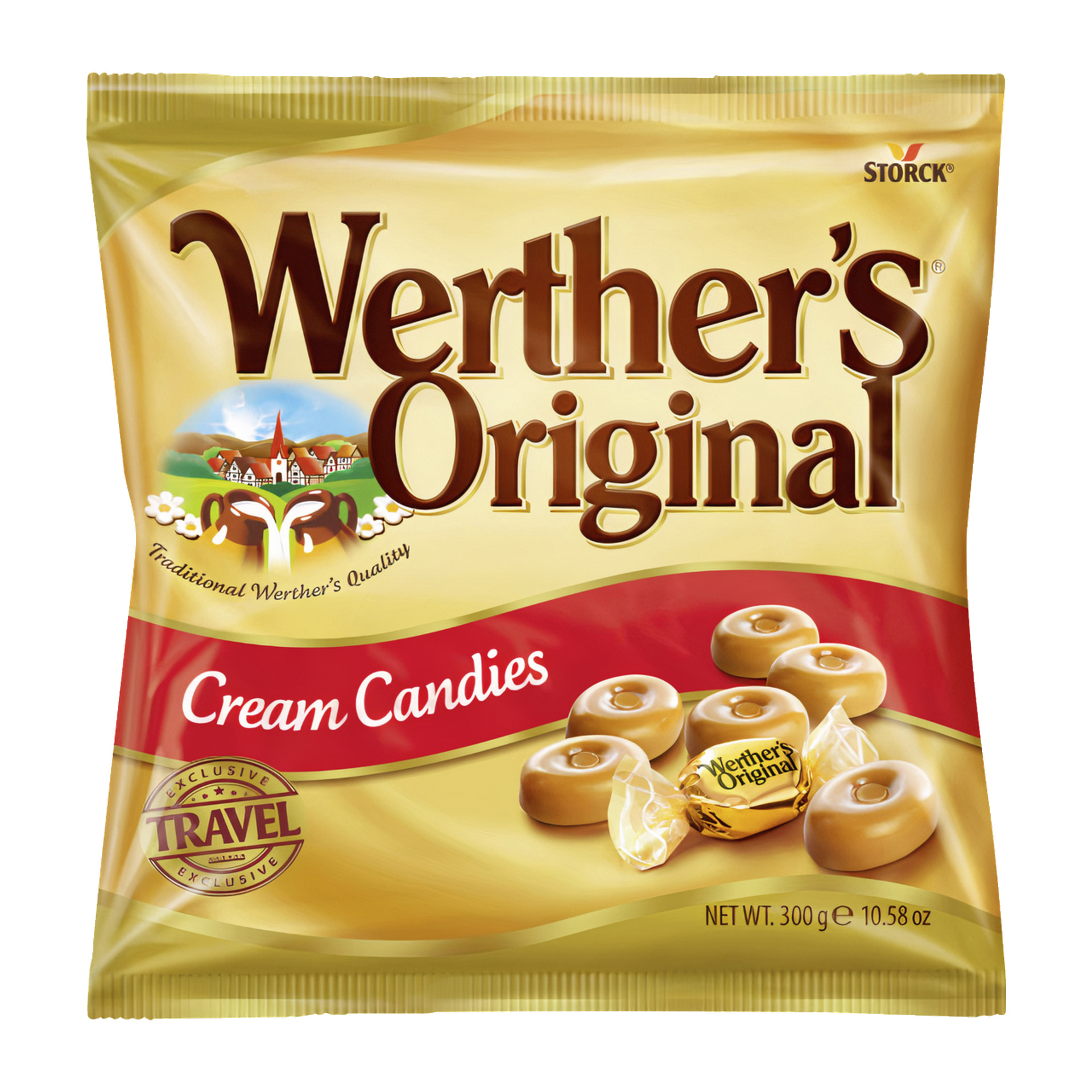 Den gula påsen Werther's Original Cream Candies visar Werther's Original-logotypen, bilder på individuellt inslagna och oinslagna godisar samt en liten illustration av en by. Paketet lyder Exclusive Travel Pack och anger en nettovikt på 300 g (10,58 oz).