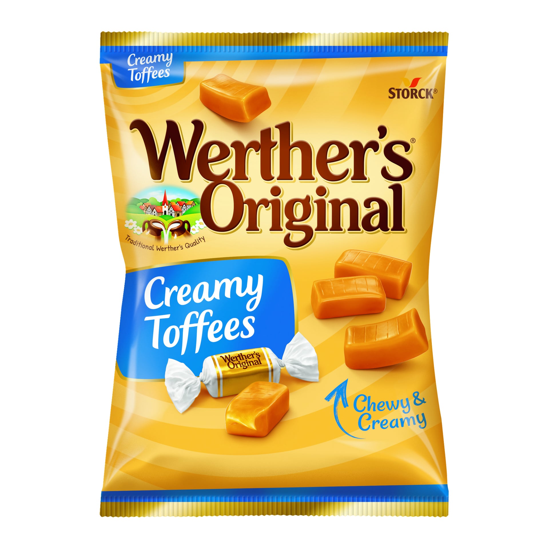 Werthers Original Creamy Toffees-påse visar inslagna och oinslagna karameller på en gul-orange bakgrund med djärv profilering.