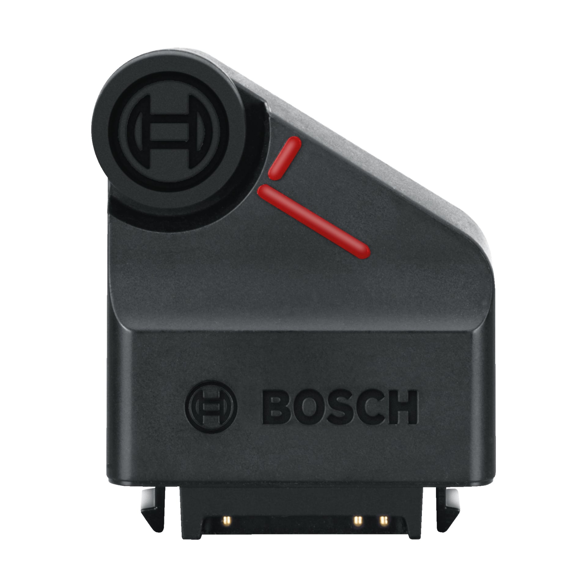 En svart Bosch Wheel-adapter för Zamo IV med sluttande topp, två korta röda linjer, Bosch-loggan på den rundade övre delen och kontaktpinnar längst ner.