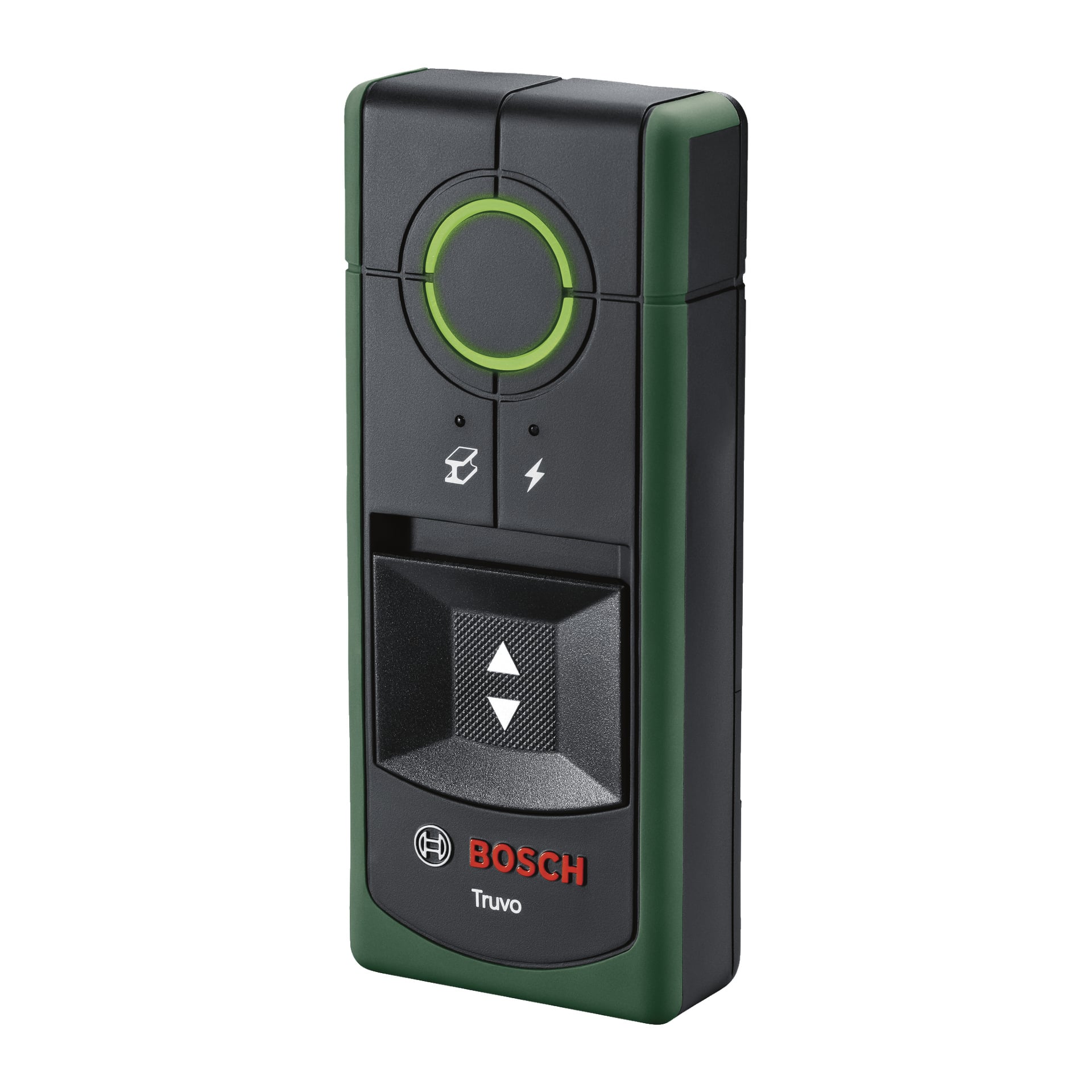 En Bosch Truvo väggscanner med en grön cirkulär indikator, två ikoner och en pilformad kontrollpanel. Enheten har en svart kaross med gröna sidor, med Bosch-logotypen och Truvo-namnet nära basen.