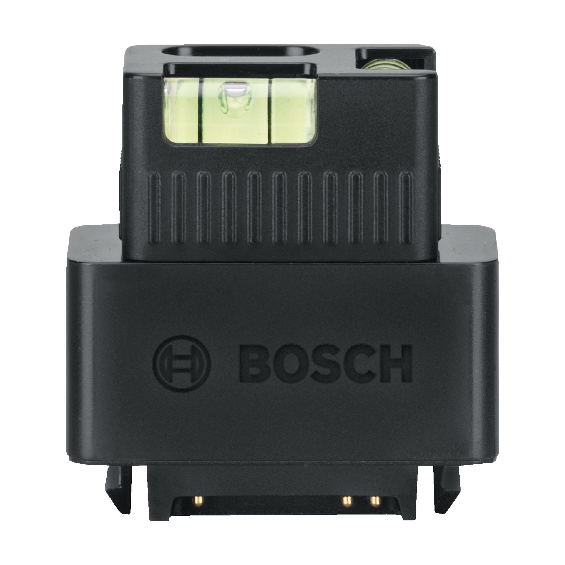 En svart Bosch Line laseradapter designad för Zamo IV, utrustad med en grön flytande bubbelnivå på toppen, texturerade åsar längs ytan och elektriska kontaktstift exponerade längst ner.