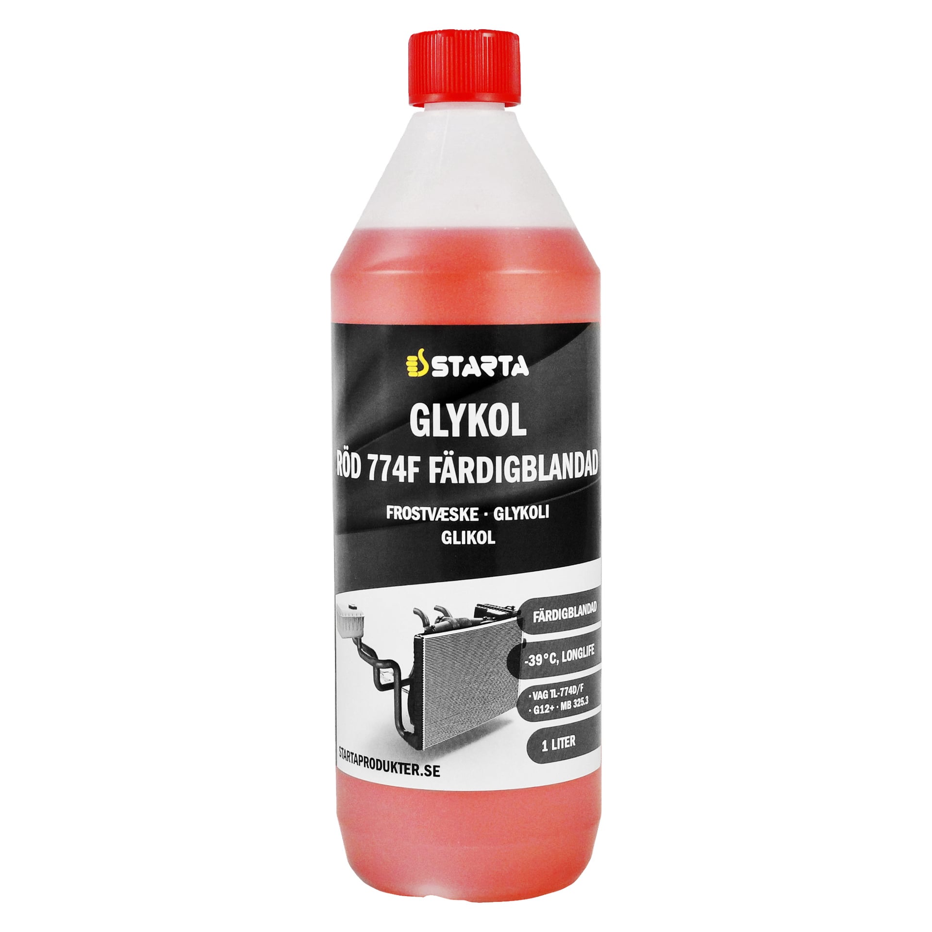 En 1-liters flaska Starta Glycol 774F röd kylvätska med en "Färdigblandad"-etikett, med användningsanvisningar, temperaturklassning och en illustration av en bilkylare framtill.