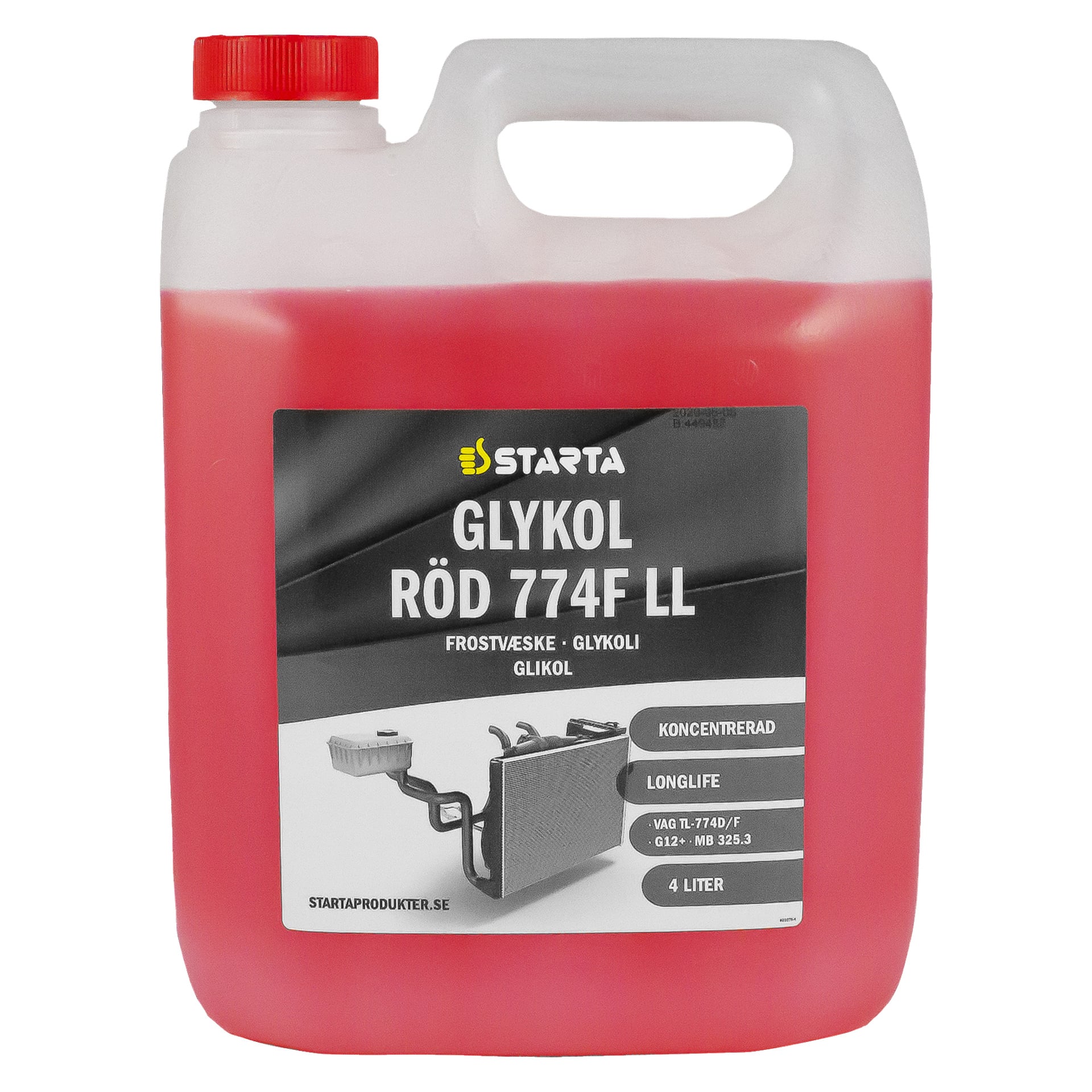 En röd 4-liters plastbehållare märkt Starta Glycol 774F med produktinformation som beskriver den som koncentrerat långlivat frostskyddsmedel för fordon. Etiketten visar grafik av en kylare och slang.