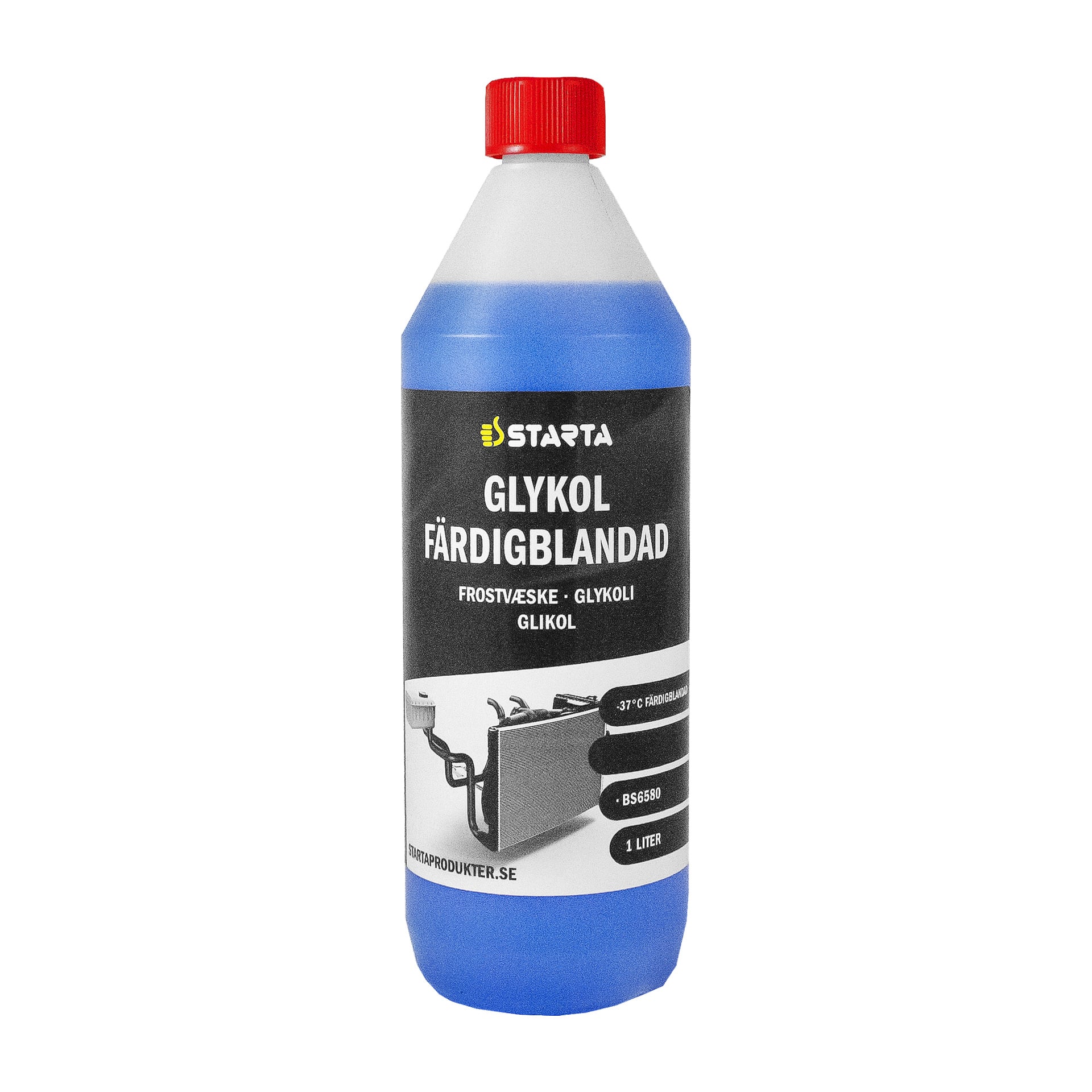 Enliters Starta Glycol Ready-mixed BS6580 frostskyddsflaska med en etikett som visar en radiatorgrafik, designad för att skydda mot temperaturer så låga som -37°C.