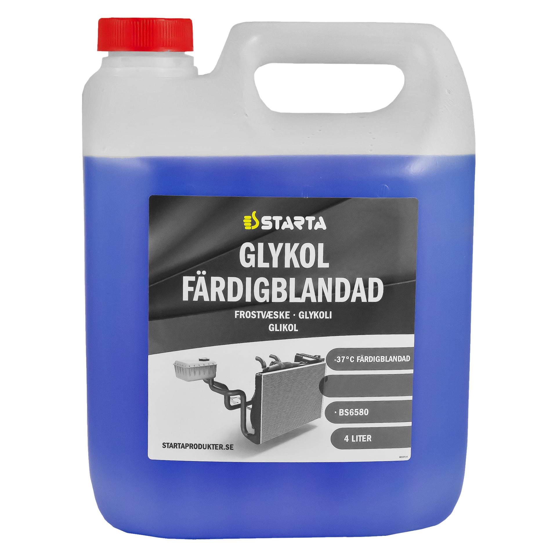 En 4-liters plastkanna med Starta Glycol Ready-mixed BS6580 frostskyddsvätska, med blå vätska och en röd lock. Etiketten visar att den är förblandad och effektiv ner till -37°C.