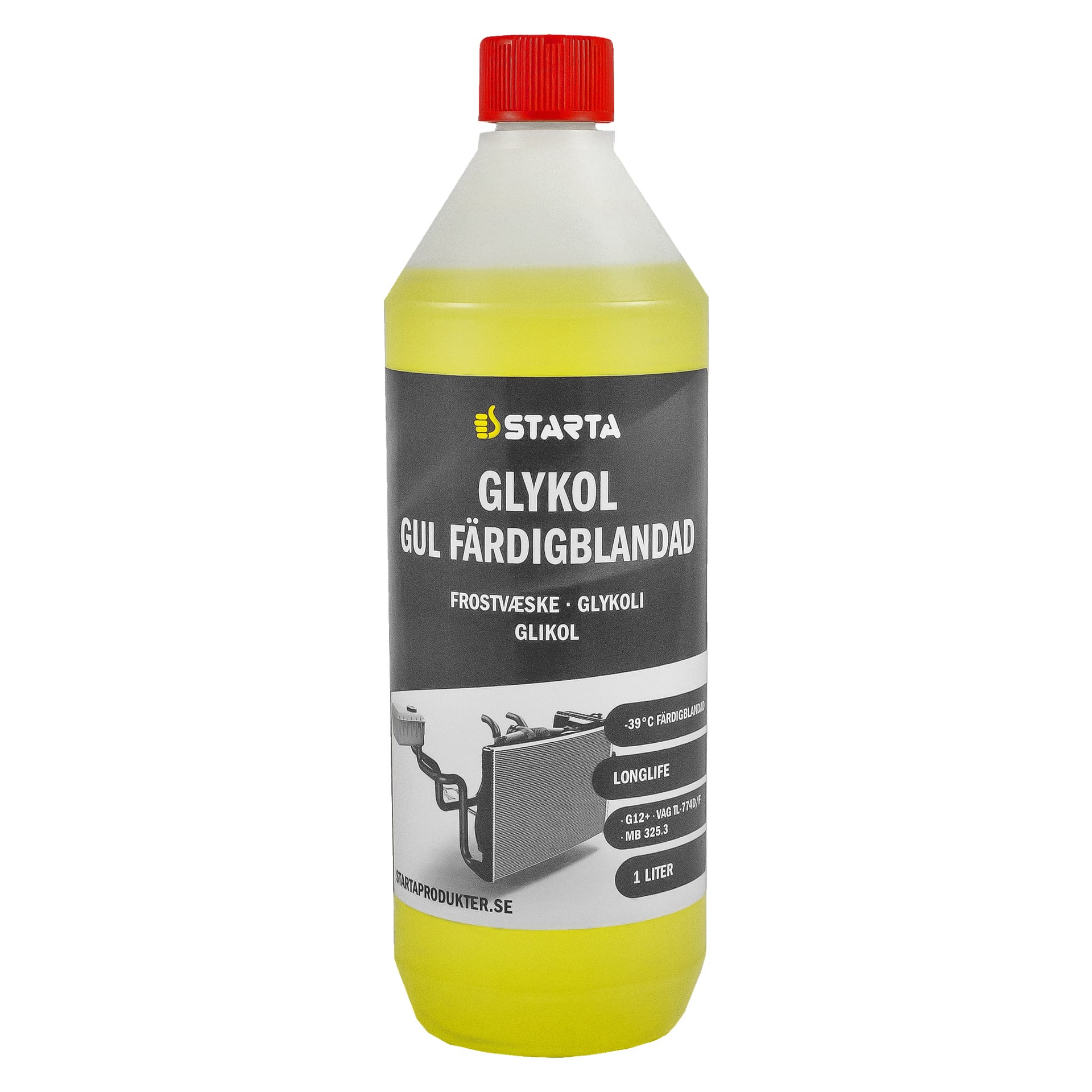 En 1-liters flaska Starta Glycol gul frostskydd med röd kapsyl har etiketten "Glykol Gul Färdigblandad" och är en färdigblandad glykollösning som erbjuder frostskydd ner till -39°C.