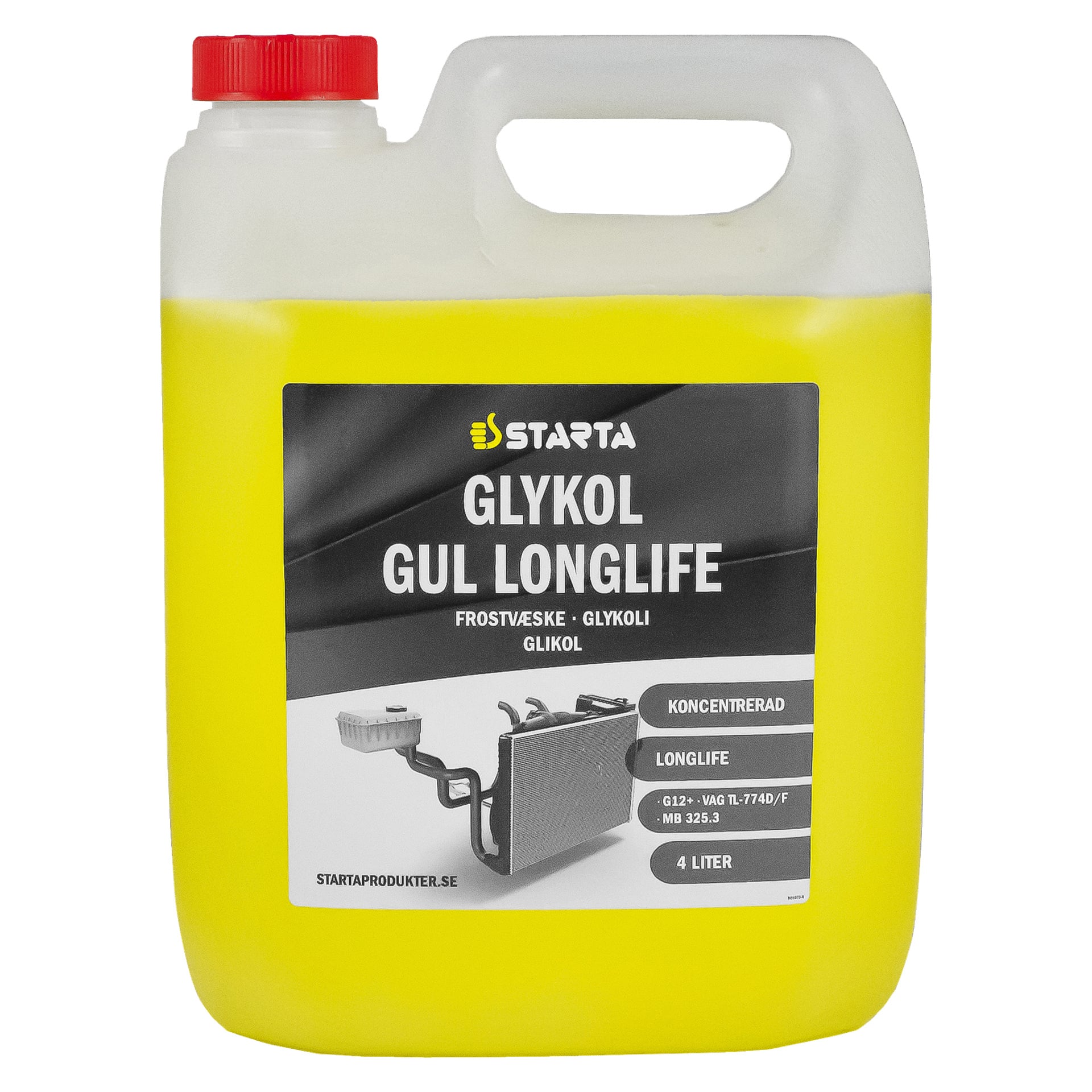 En gul 4-liters Starta Glycol-behållare visar en etikett som anger dess koncentration, kompatibilitet, fordonets användningsområden och inkluderar en illustration av en bilkylare.