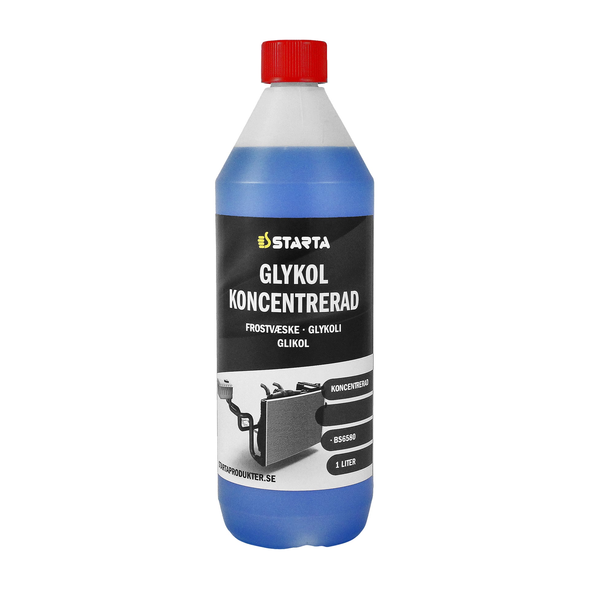 En 1-liters flaska Starta Glycol Concentrate BS6580 med röd kork och svart etikett som visar produktdetaljer och en illustration av en bilkylare.