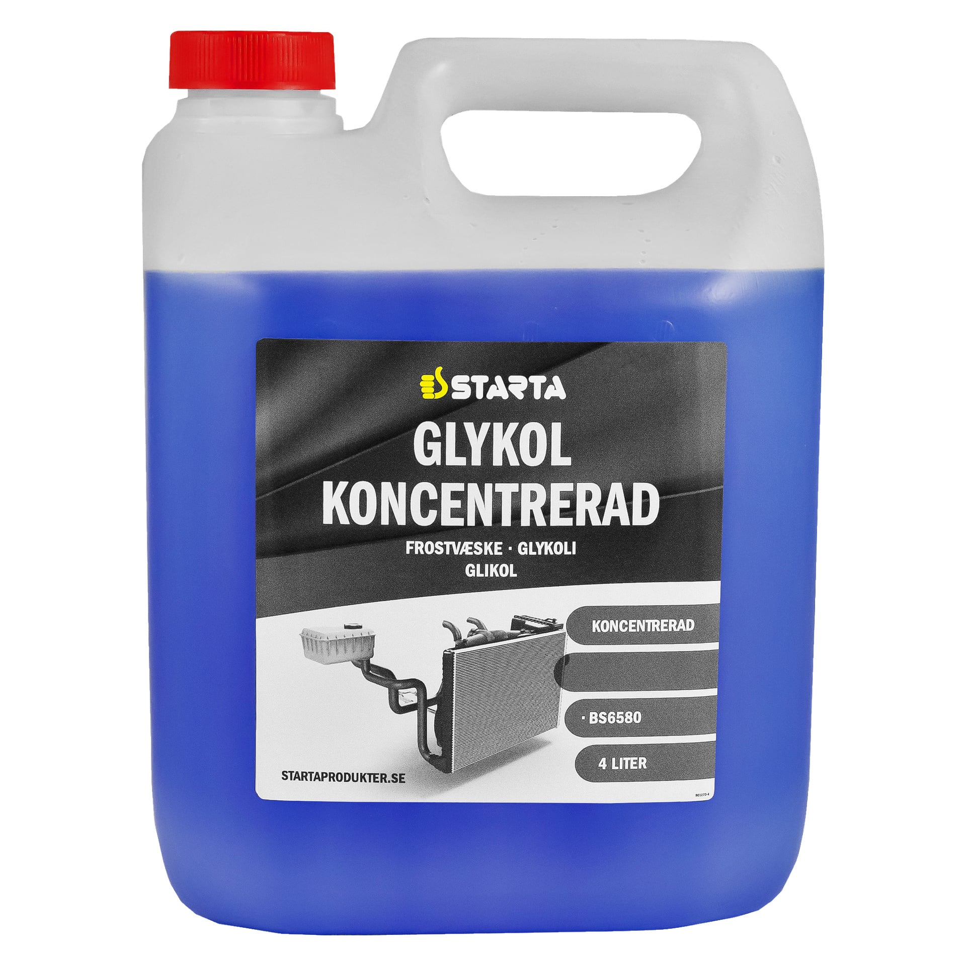 En 4-liters flaska Starta Glycol Concentrate BS6580, en blå kylarvätska för fordon, med ett rött lock och en etikett med bruksanvisningar och en illustration av en kylare.
