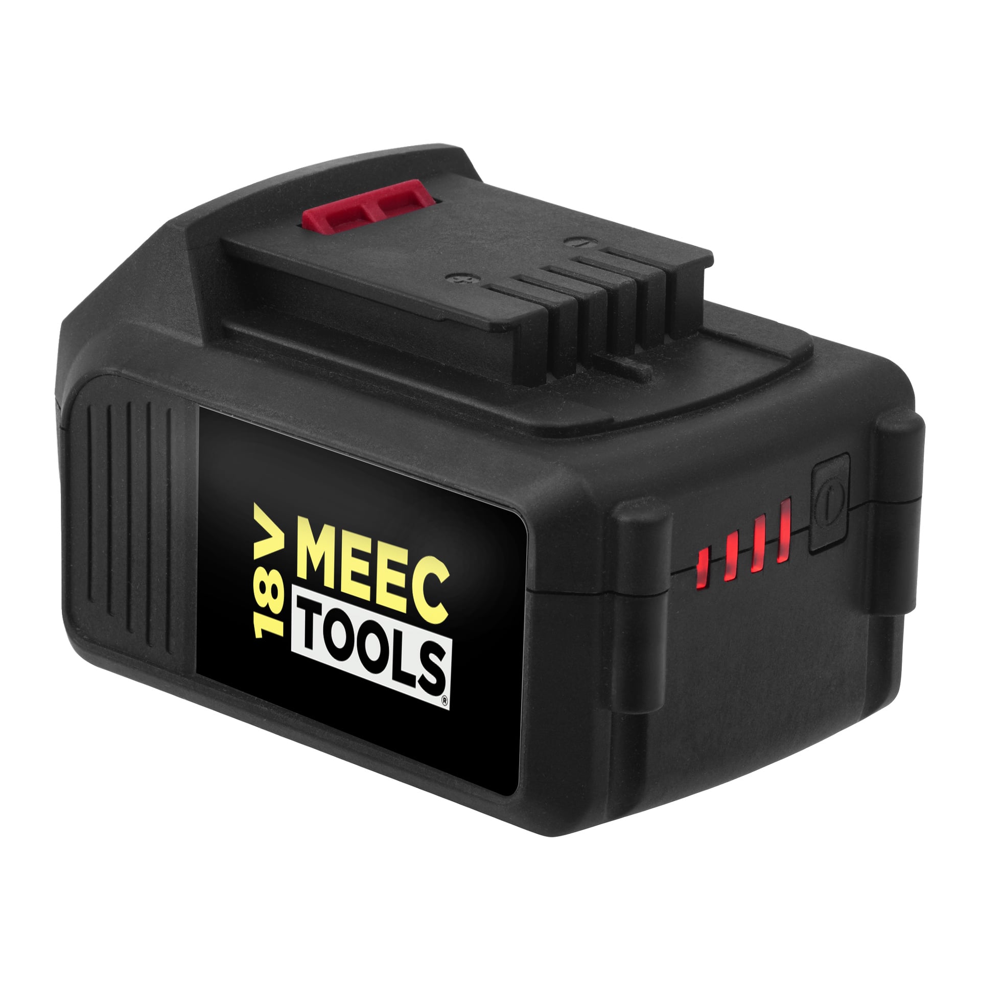 En svart Meec Tools Multiseries batteridrevet gressklipper, 18V oppladbar, med en strømindikator som viser fire røde streker og en kontakt på toppen.