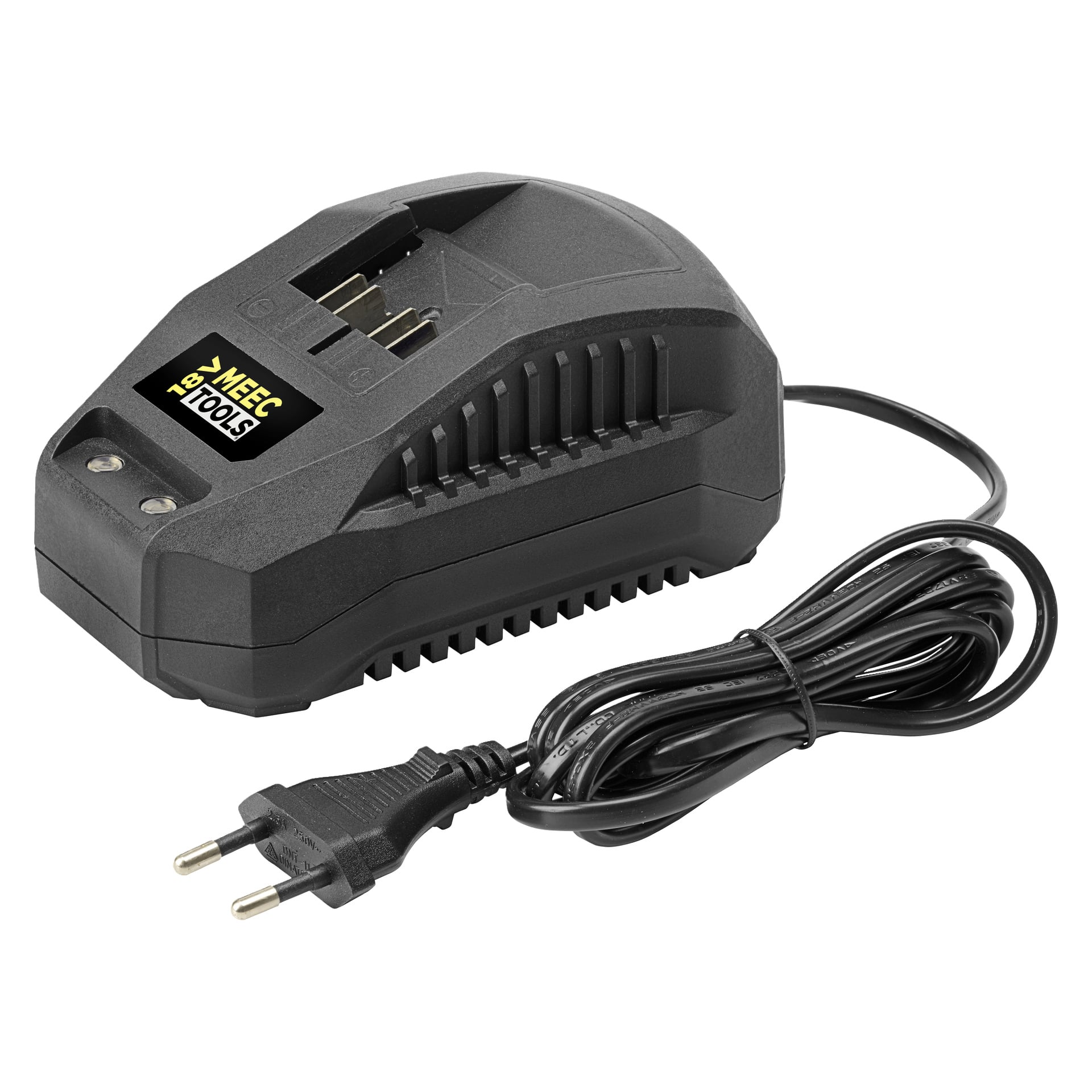 En svart Meec Tools Multiseries batteridrevet gressklipper har strømkabel, to-pinners plugg og sideventiler. Den er designet for effektiv klipping ved bruk av oppladbare batterier.
