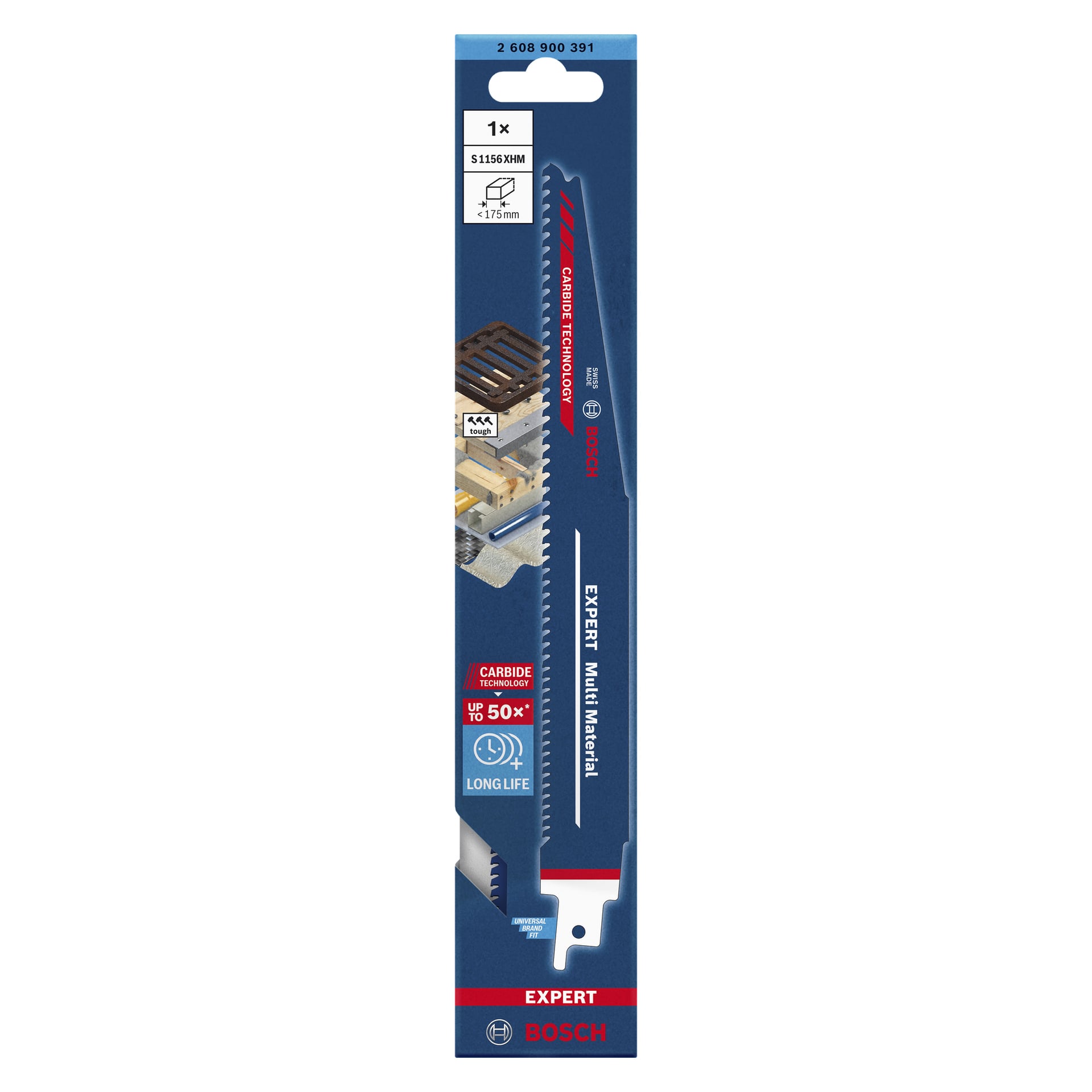 Bosch Expertin mäntäsahan terä S 1156 XHM Multi Material on pakkauksessa esitelty ja korostaa pitkäikäistä karbiditeknologiaa sekä kykyä leikata puuta, metallia ja muovia. Pakkauksessa on terän tekniset tiedot ja lukee yksi kappale.