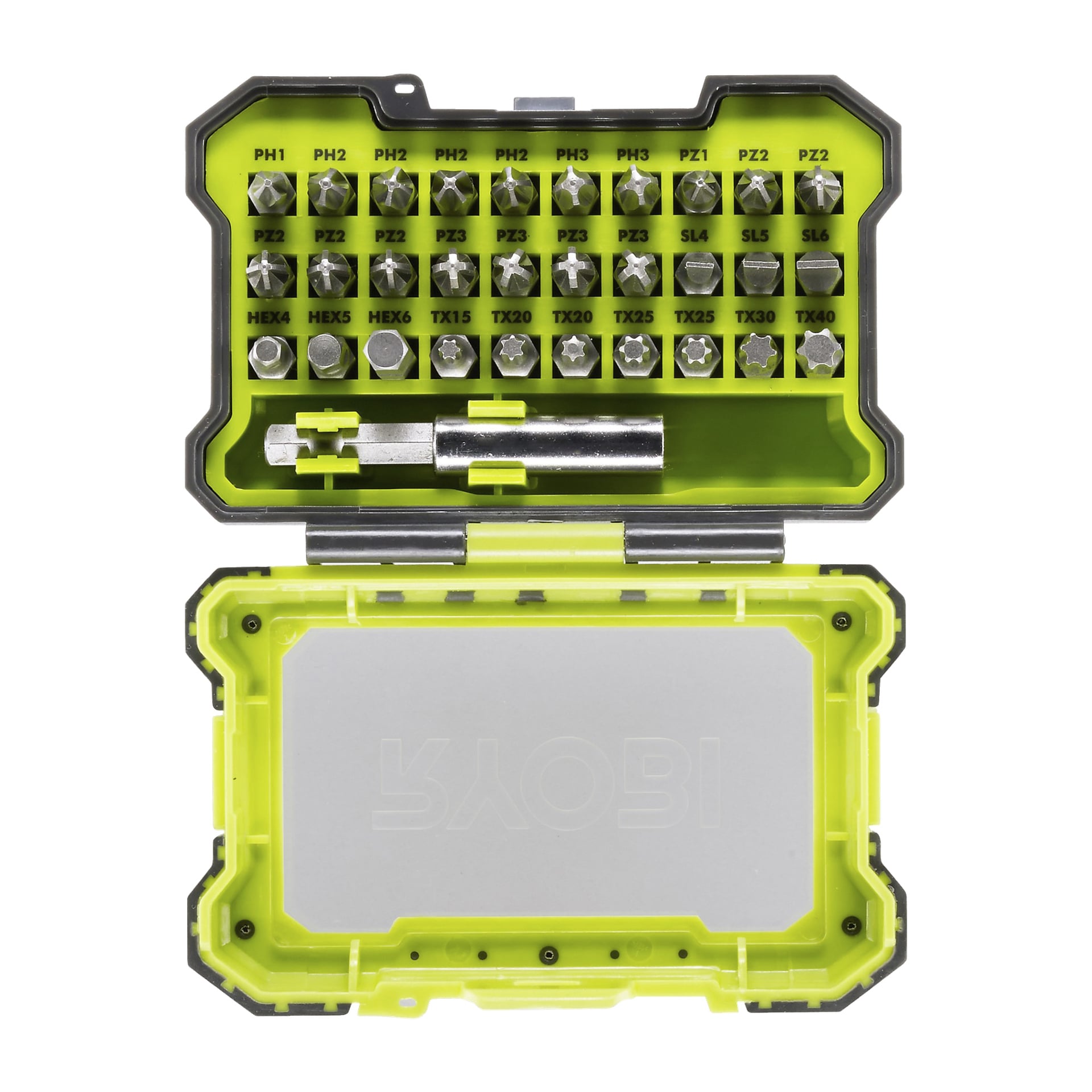 Ryobi One+ skruvmejsel med borrset och batteri R18DD3-1C20GA31J visas i ett öppet plastfodral som innehåller 25 distinkt märkta skruvmejselbitar anpassade för flera typer och storlekar. En metallbitshållare och ett starkt gult fack hjälper till att hålla setet prydligt organiserat.
