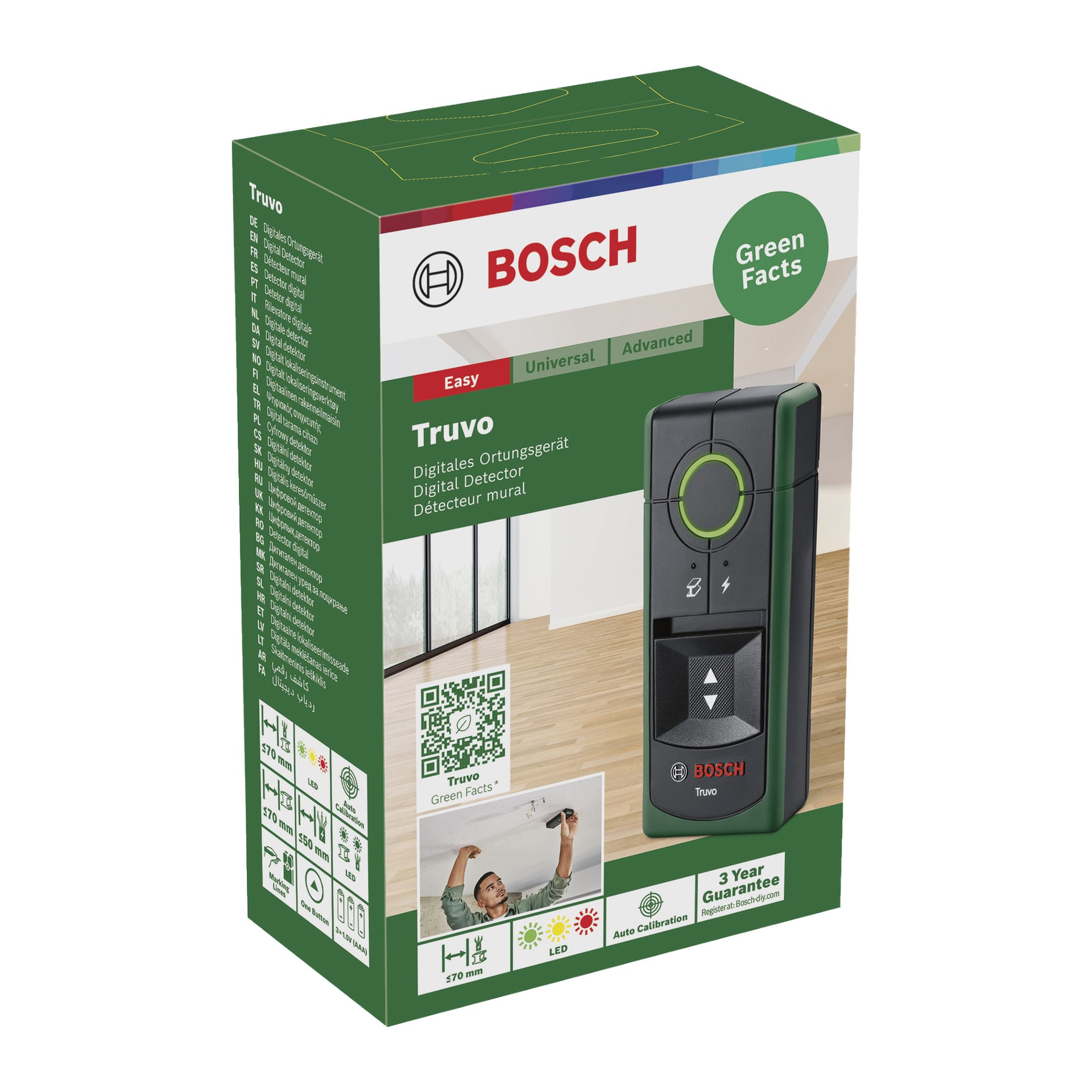 Bosch Truvo digitala detektorlåda visar själva enheten, Bosch-logotyper, illustrerade funktionsikoner och en bild av en person som använder detektorn på en vägg, allt markerat med djärva gröna, röda och vita designelement.