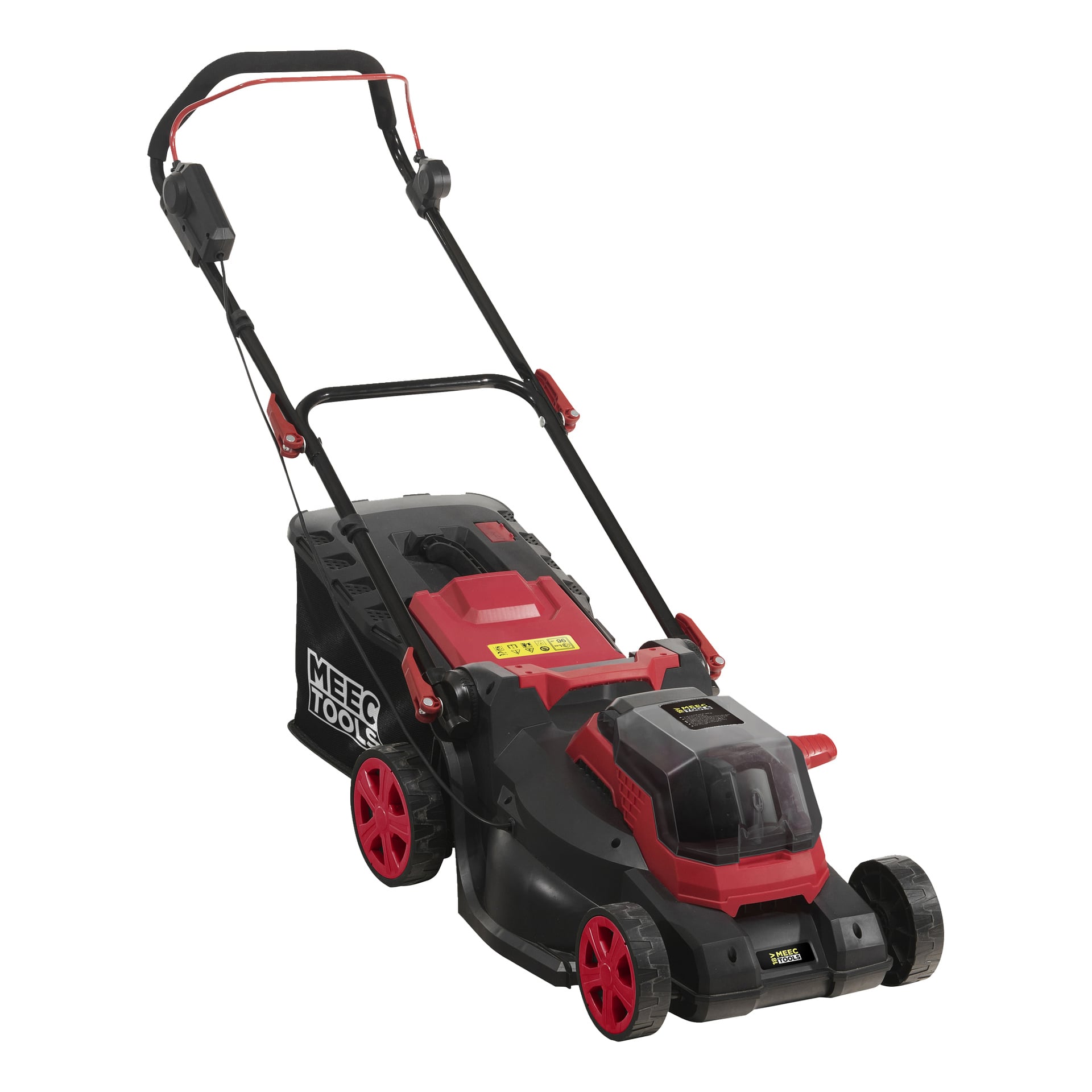 LM-18V HOME 300 batteridrivna gräsklippare från Meec Tools Multiseries är röd och svart, utrustad med en gräspåse med texten "MEEC TOOLS" på sidan, röda hjul och ett tryckhandtag.