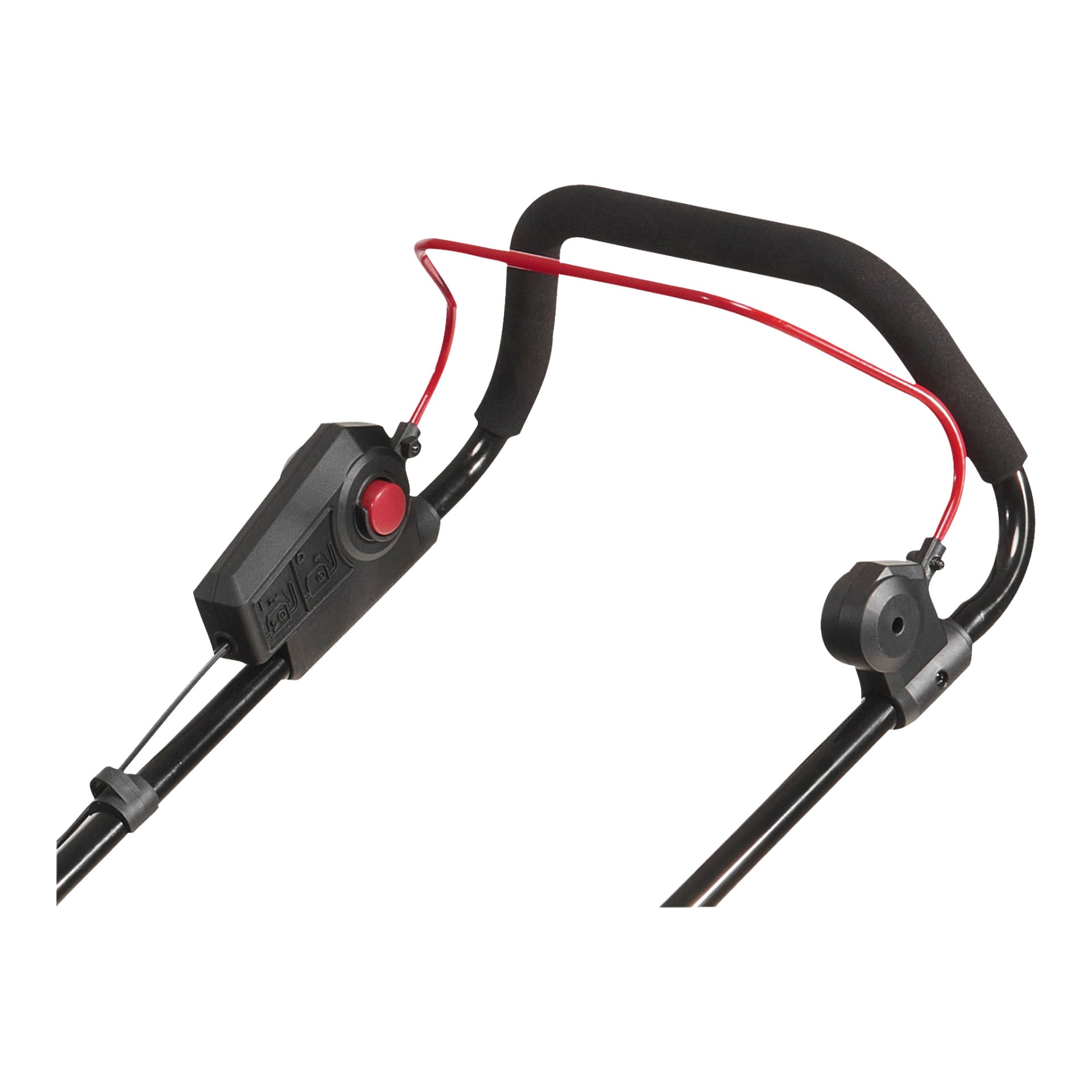 Detaljerad vy av Meec Tools Multiseries batteridrivna gräsklippare LM-18V HOME 300-handtag, med svart grepp, röd säkerhetsstång, skumvaddering på handtaget och en svart kontrollpanel med en framträdande röd knapp omgiven av flera ikoner.