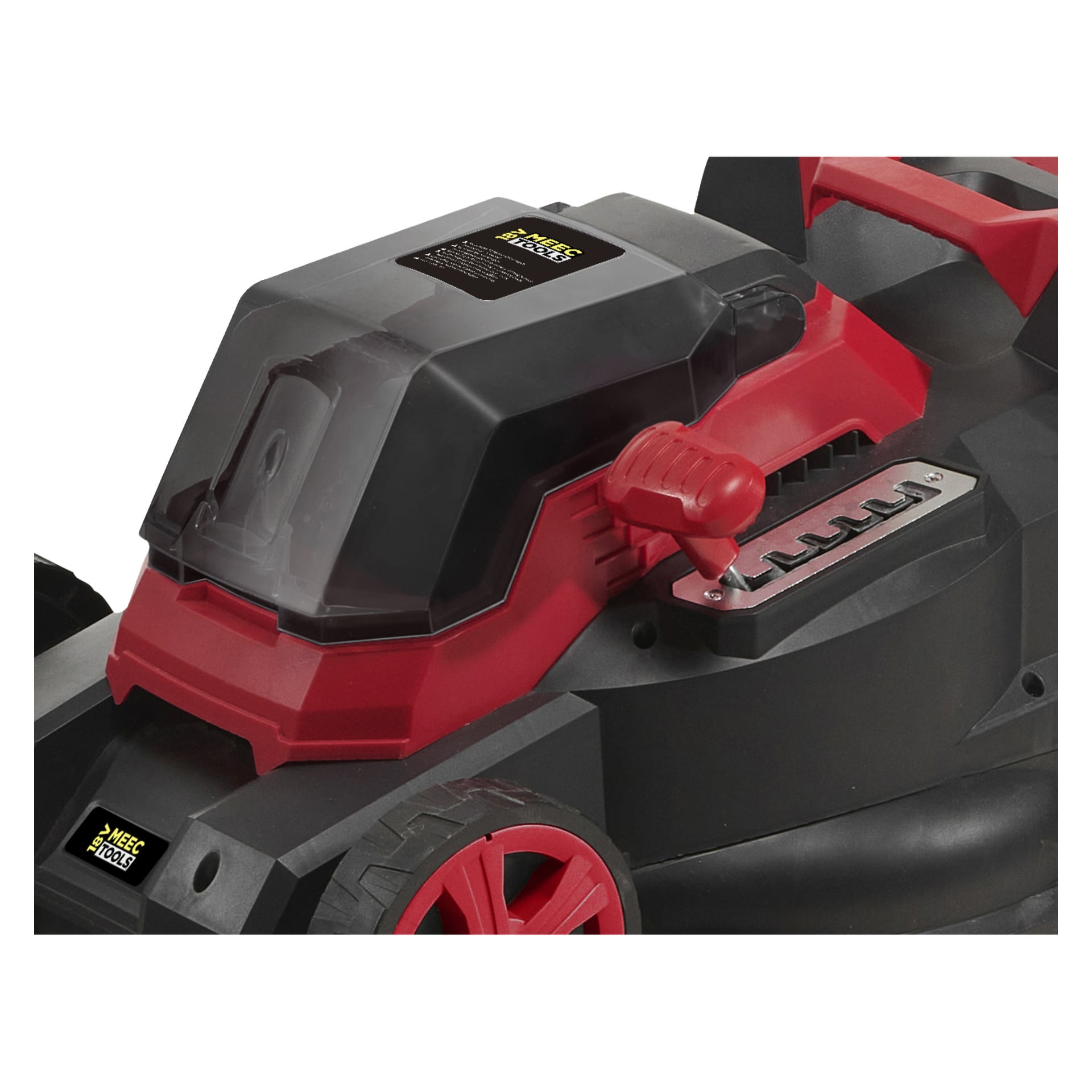 Detaljerad vy av Meec Tools Multiseries LM-18V HOME 300 batterigräsklippare, med sin karakteristiska röda och svarta färgschema, ergonomiska handtag, justeringsspaken, hjulen och det genomskinliga plastlocket som avslöjar batterifacket.