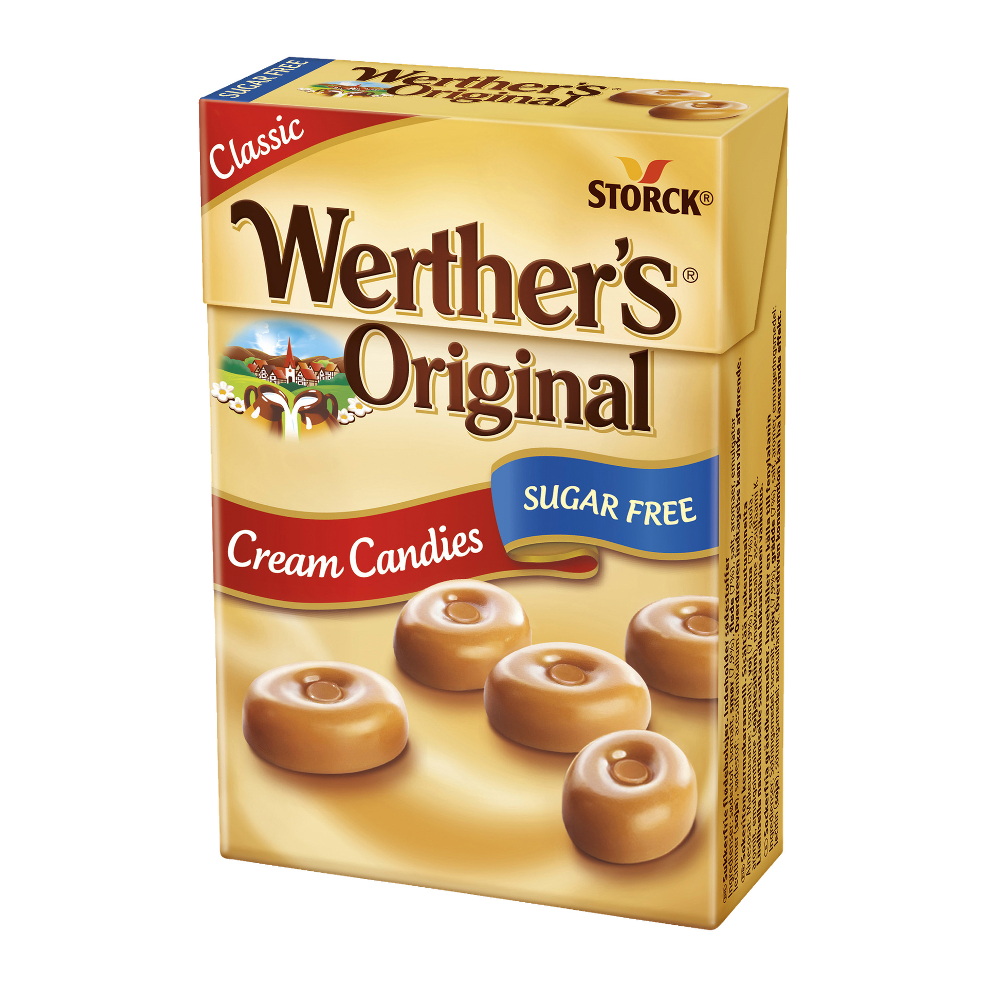 En låda med Werthers Original Cream Candies visar karamellgodis på framsidan, med "Werthers Original"-märkningen och blå och röda banderoller som betonar "Sugar Free" och "Cream Candies".