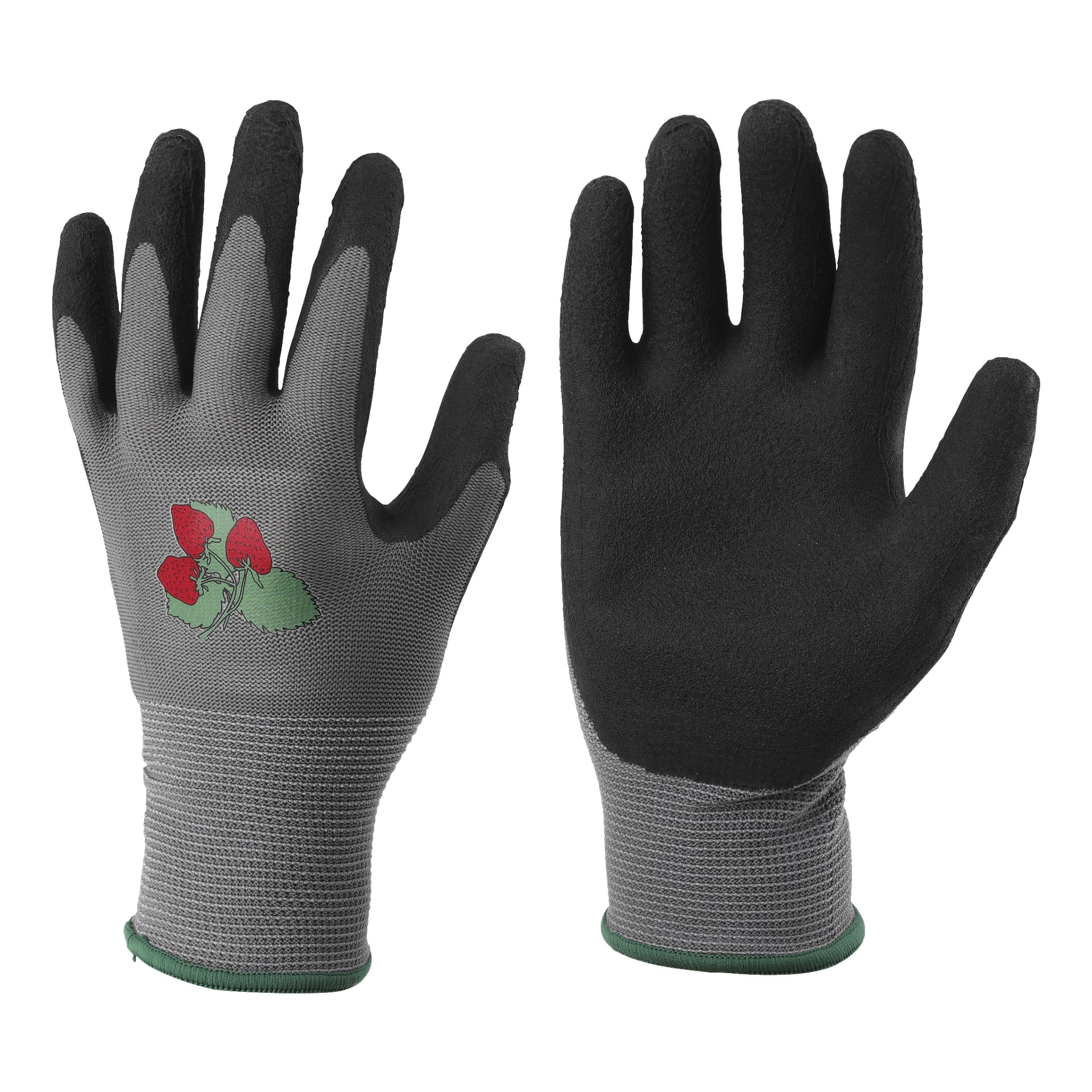 Ett par Bluewear-handskar för barn i grått och svart, var och en med en liten tecknad myra i rött och grönt på baksidan av en handske. Både fram- och baksidan av handskarna är synliga.