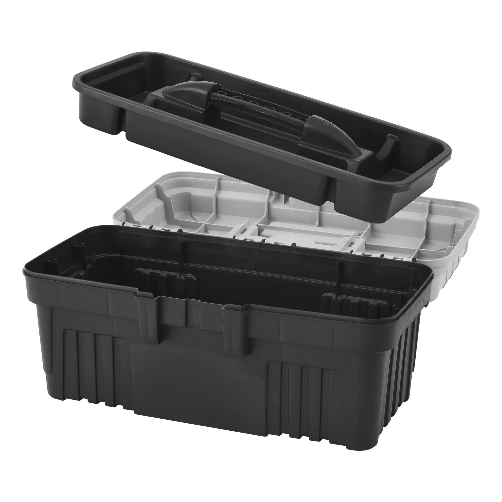 En svart plastverktygslåda från Meec Tools visas med locket öppet och dess avtagbara bricka upphöjd, vilket avslöjar flera fack och rymlig förvaring inuti.