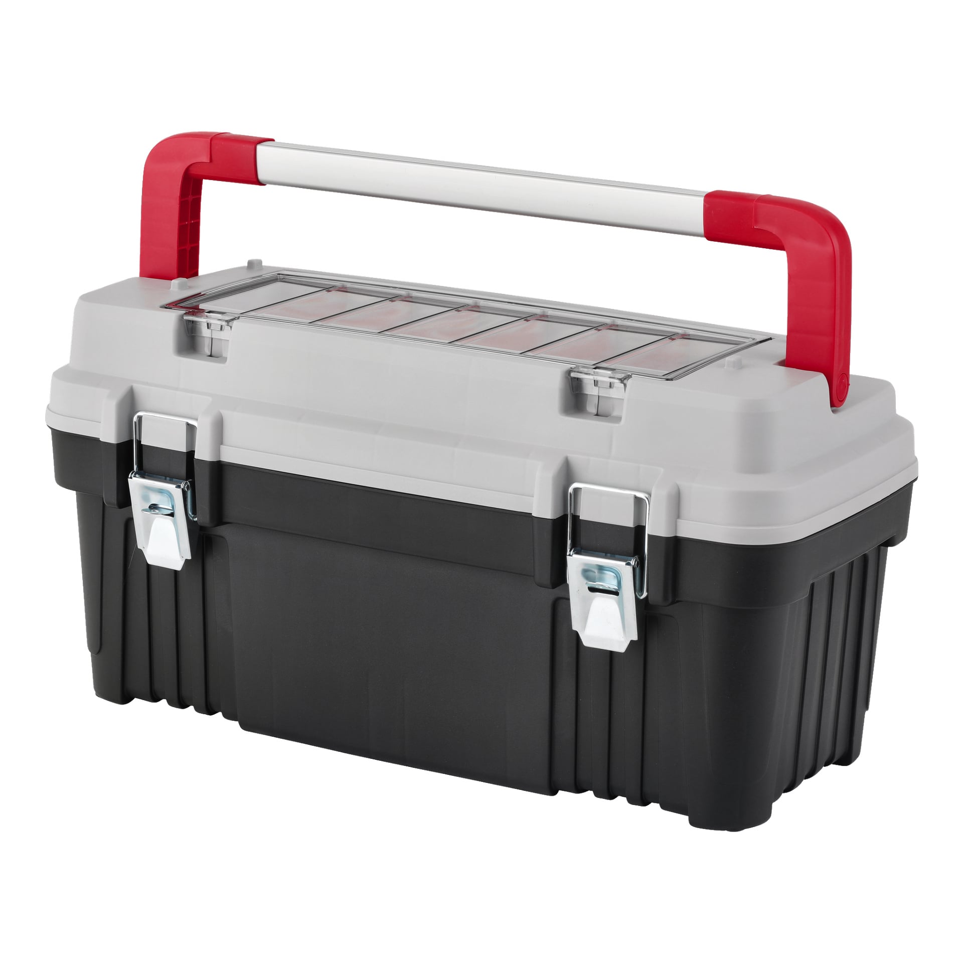 Denna verktygslåda från Meec Tools är gjord av robust plast med svart botten, grått lock och robusta metalllås. Den har ett rött-vitt handtag för smidig transport och har ett transparent organisatörsfack på toppen med flera sektioner för att förvara små tillbehör.