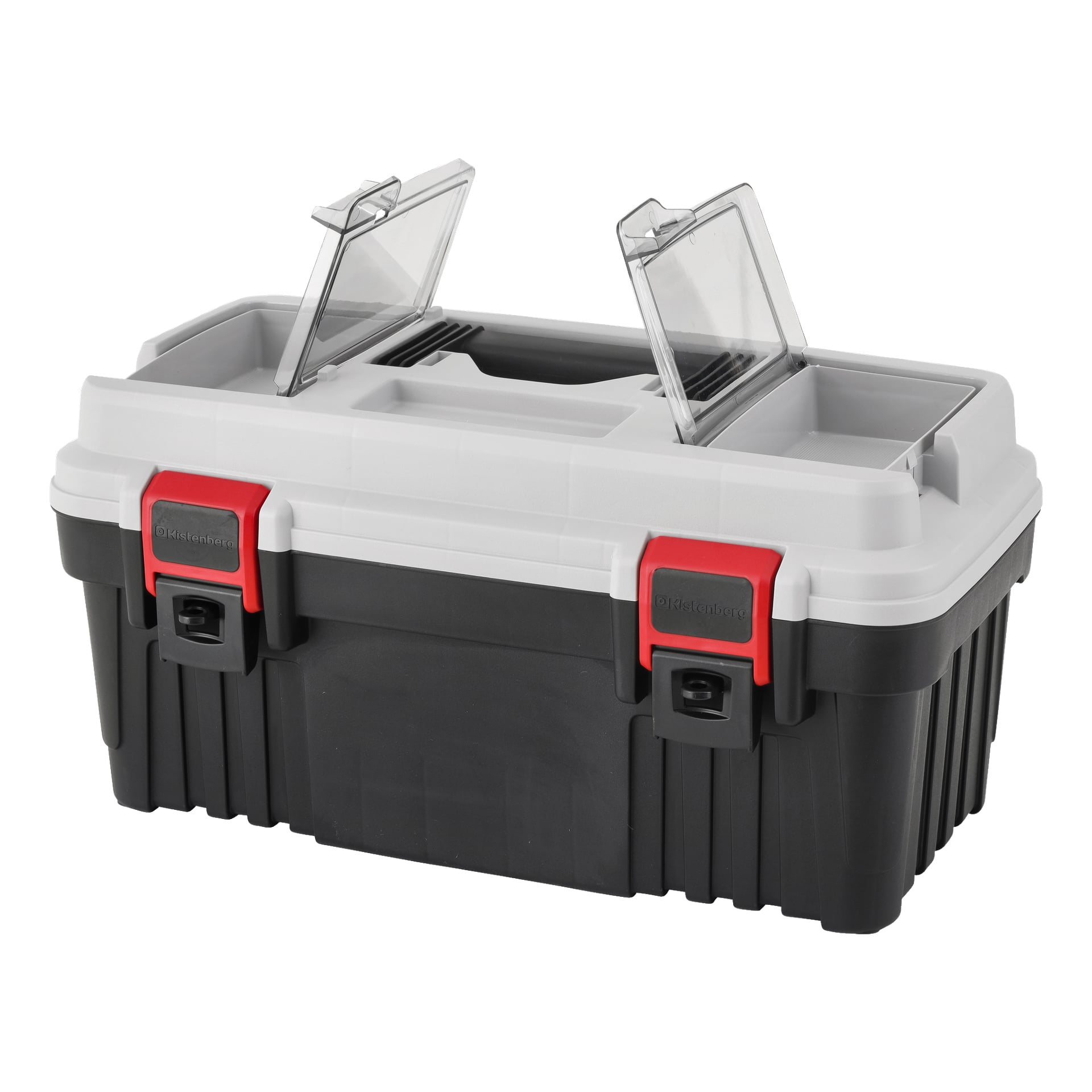 Meec Tools Tool Box, tillverkad av svart och grå plast, har ett övre handtag och två röda spärrar. Det öppna locket avslöjar två transparenta fack med delade förvaringssektioner inuti.