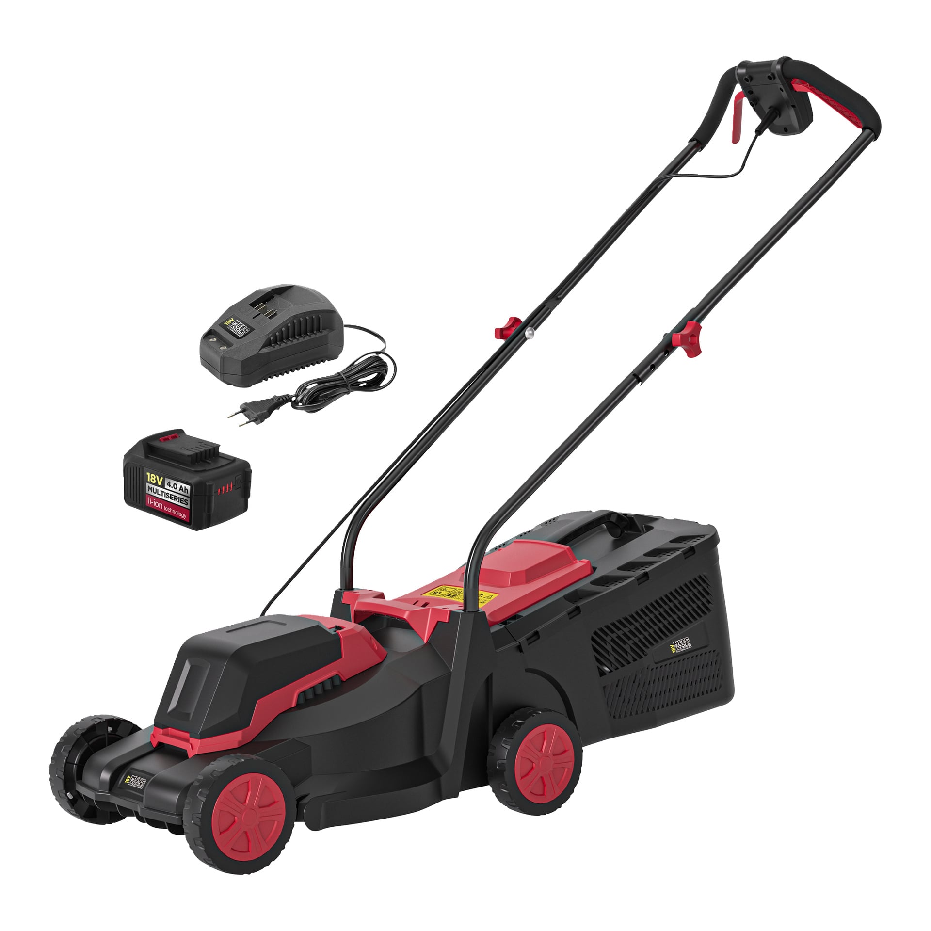 Meec Tools Multiseries batteridrevne gressklipper i svart og rødt med gressoppsamlingsboks, avtakbart batteri og lader.