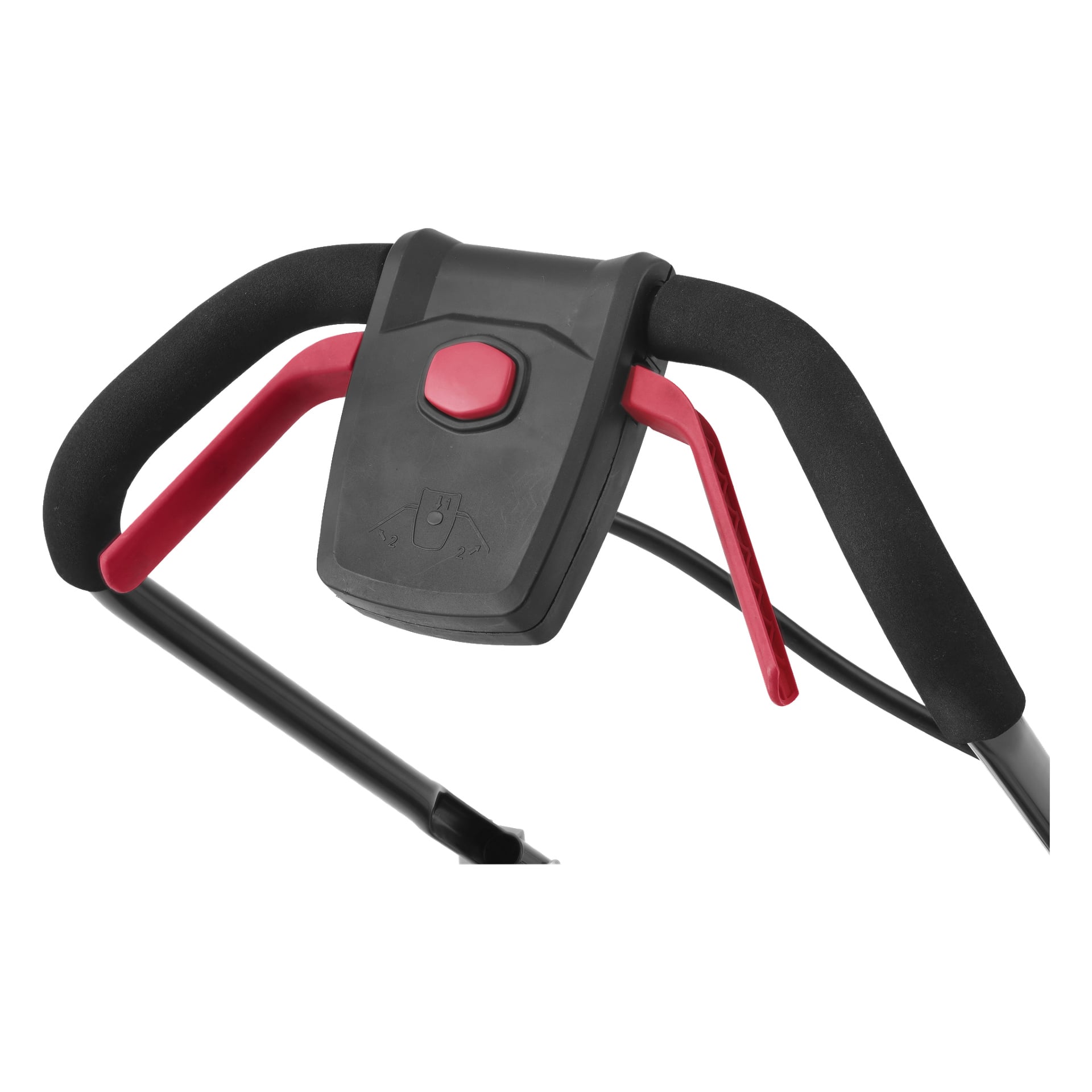 Nærbilde av Meec Tools Multiseries batteridrevne gressklipperstyr, med svarte og røde detaljer, en rød knapp i midten, to røde spaker og skumgrep på begge sider.