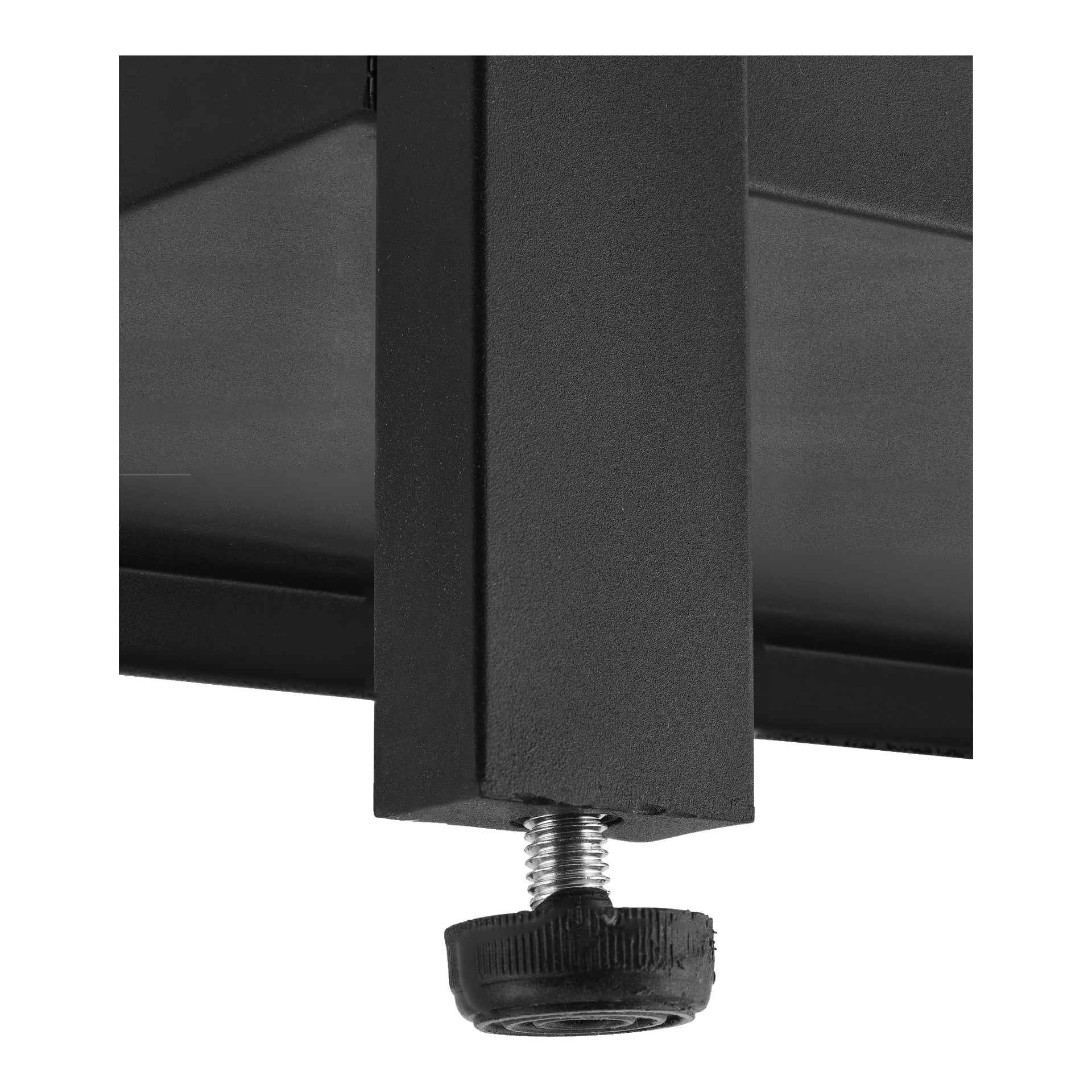 Detaljerad närbild av det nedre hörnet av en Burns & Barkles arbetsbänk med skåp Utomhuskök 8044B, med en robust svart metallram och en delvis utdragen skruvfot för att jämna ut.
