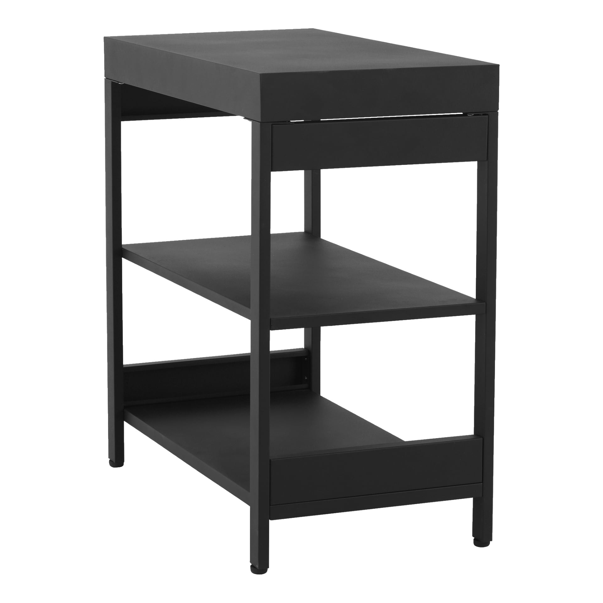 Die Burns & Barkles Werkbank mit Regal Outdoor Kitchen 8043B ist ein eleganter schwarzer Metall-Beistelltisch mit rechteckiger Oberfläche, zwei offenen Regalen darunter und vier festen Beinen. Sein minimalistischer, zeitgenössischer Stil passt zu den Bedürfnissen der Lagerung oder Präsentation in verschiedenen Umgebungen wie Büros, Schlafzimmern, Wohnzimmern oder Außenbereichen.
