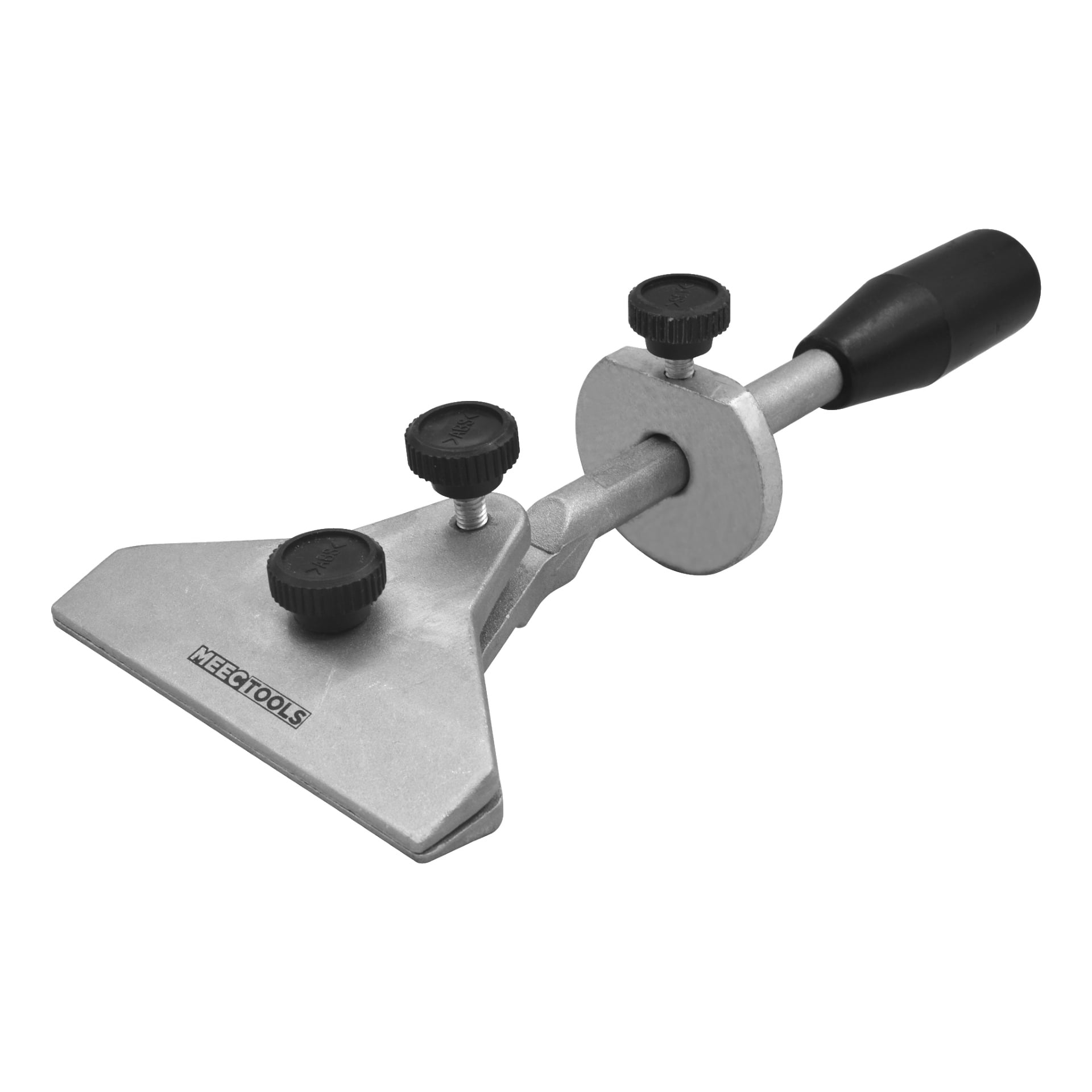 En knivslipjigg med ett triangulärt platt blad som visar Meec Tools-logotypen, tre justerbara rattar och ett cylindriskt grepphandtag.