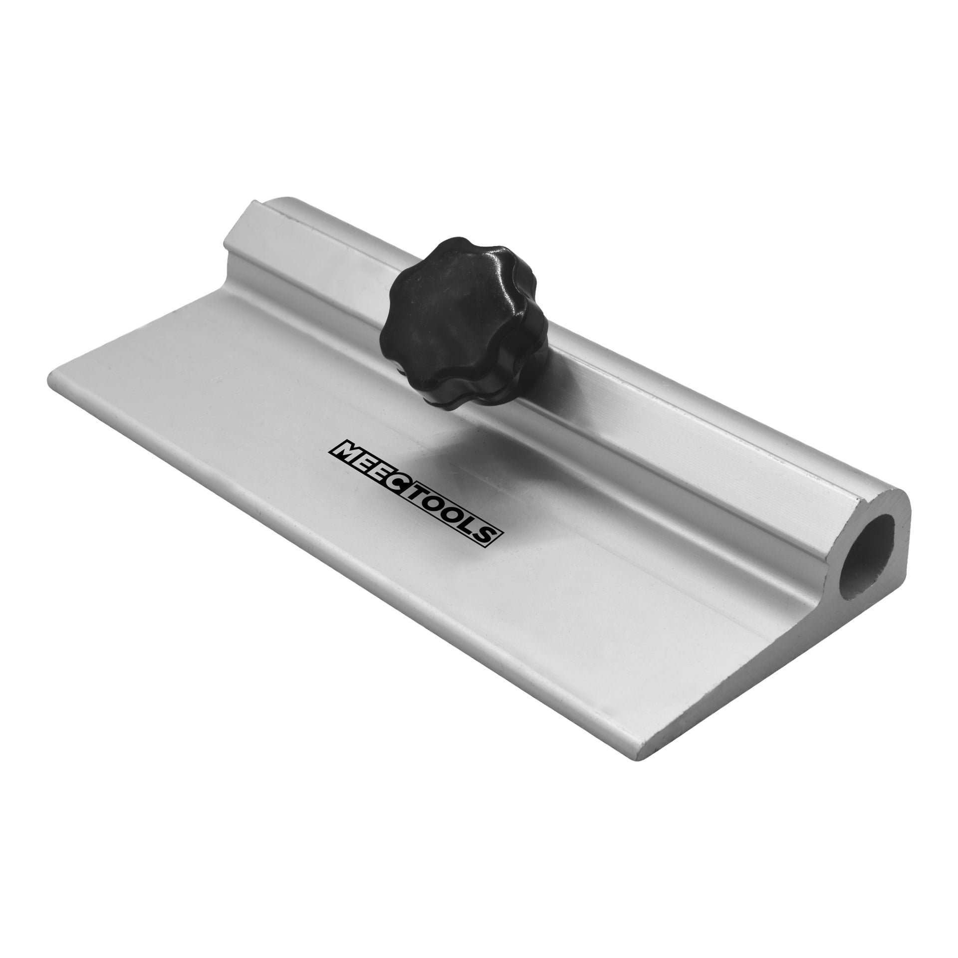 Stödkomponent för en våtslipmaskin gjord av silverfärgat metall, utrustad med en svart justeringsratt och med Meec Tools-loggan på ytan.