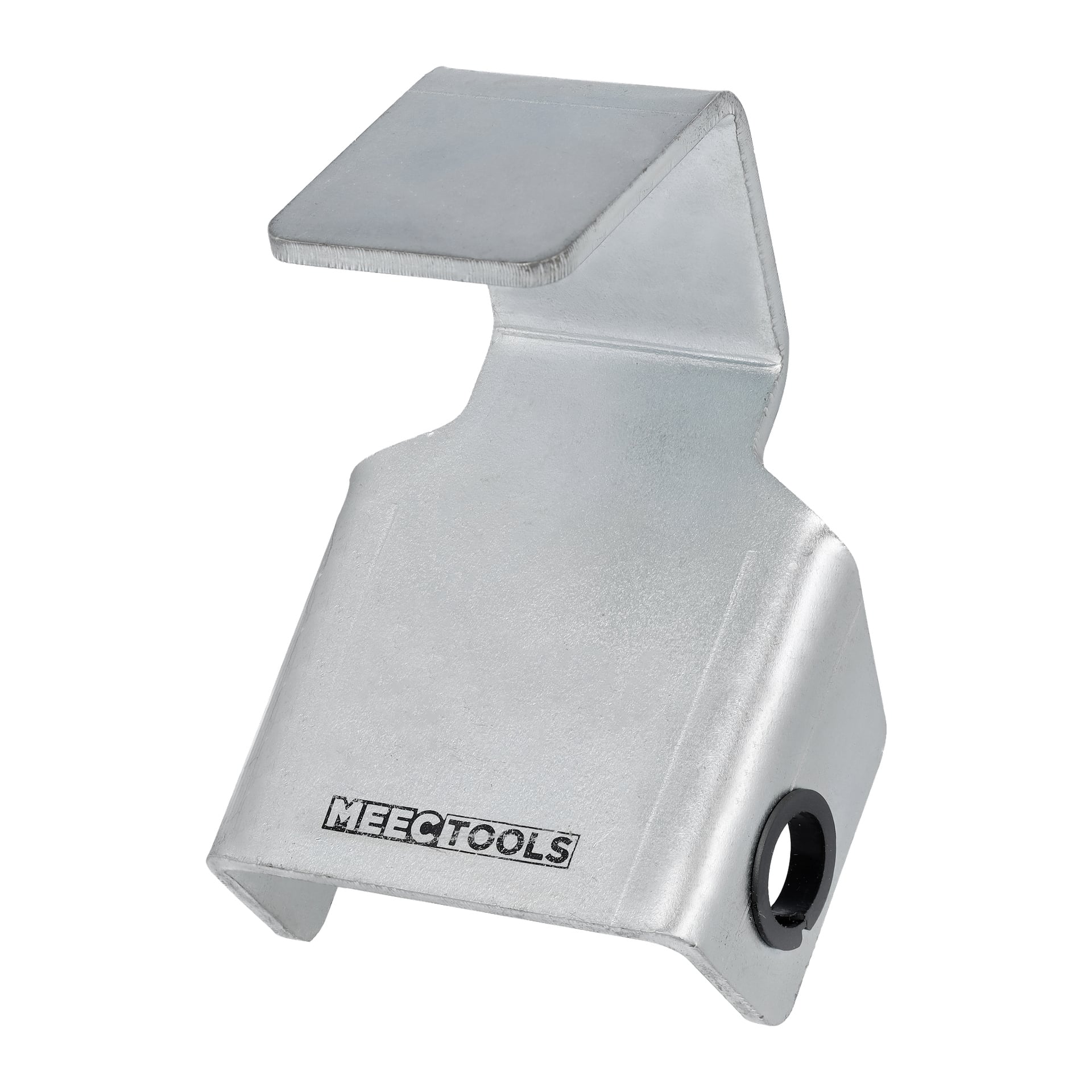 En silverfärgad, kantig slipjigg designad för att slipa yxor, med Meec Tools-logotypen tryckt på ytan och ett cirkulärt hål på ena sidan.