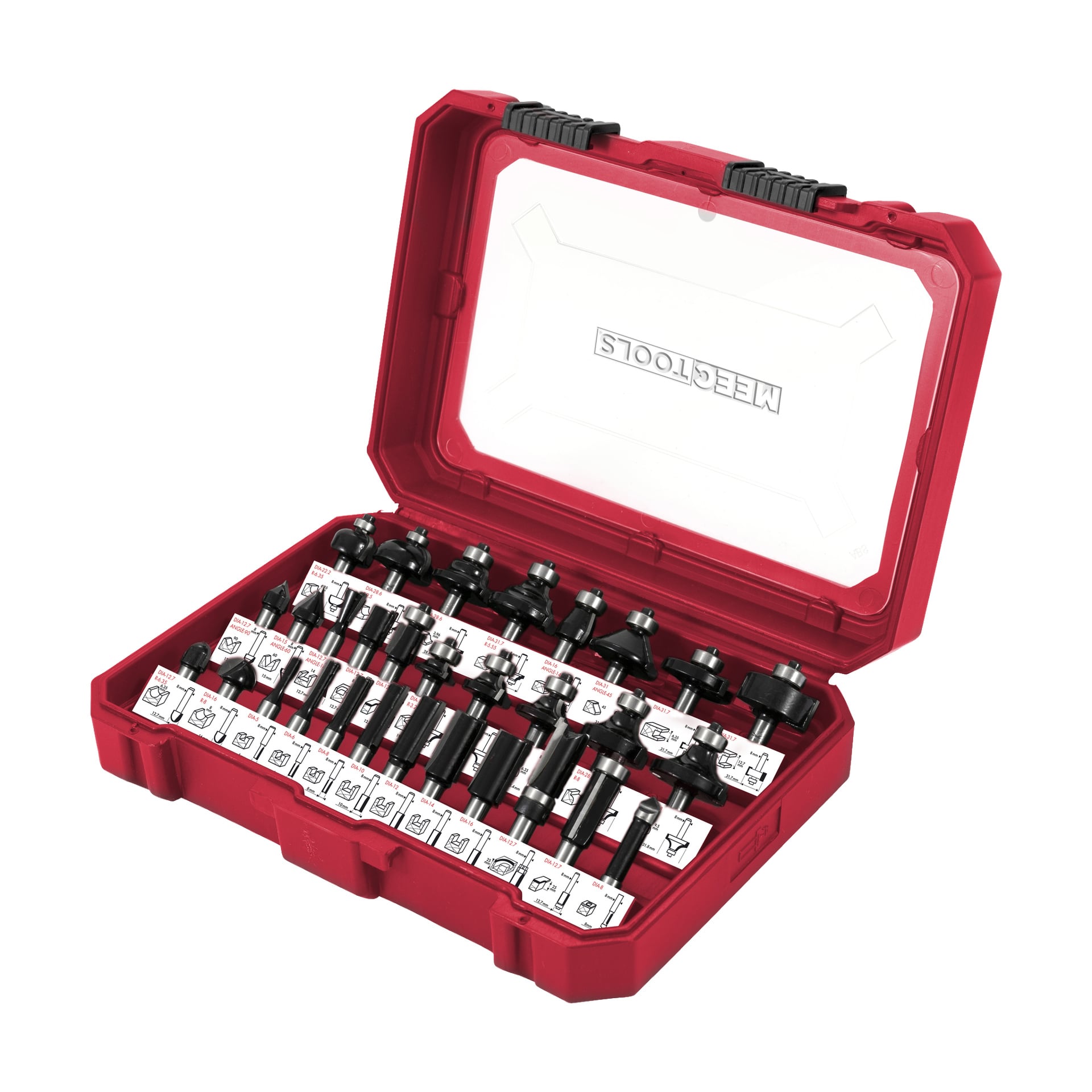 Ett öppet rött plastpaket från Meec Tools Router Bit Set med 30 fräsbitar prydligt arrangerade i märkta spår i både locket och basen. Locket inkluderar en transparent panel med synlig Meec Tools-märkning.